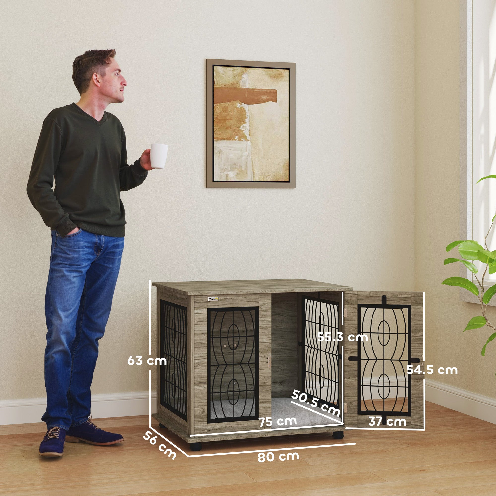 PawHut Indoor Dog Crate Furniture End Table with Soft Washable Cushion, Lockable Front Door, for Medium Dogs - Black - North Peak Garden Furniture