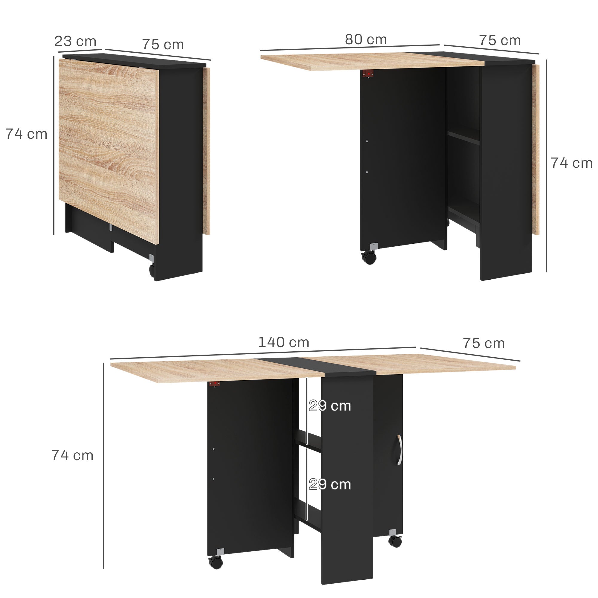 HOMCOM Folding Dining Table, Drop Leaf Table for Small Spaces with 2-tier Shelves, Small Kitchen Table with Rolling Casters, Oak and Black - North Peak Garden Furniture