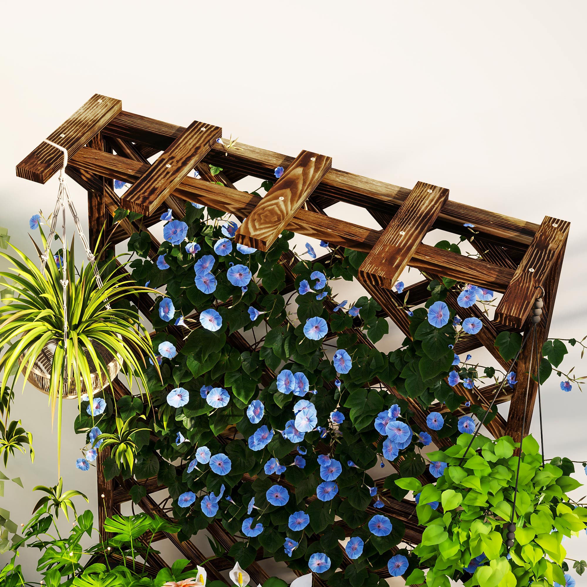 Outsunny Wooden Planter with Trellis, Freestanding Raised Garden Bed with Drainage Holes, Outdoor Planter Box with Liner for Vegetables, Herbs and Flowers, Carbonised - North Peak Garden Furniture
