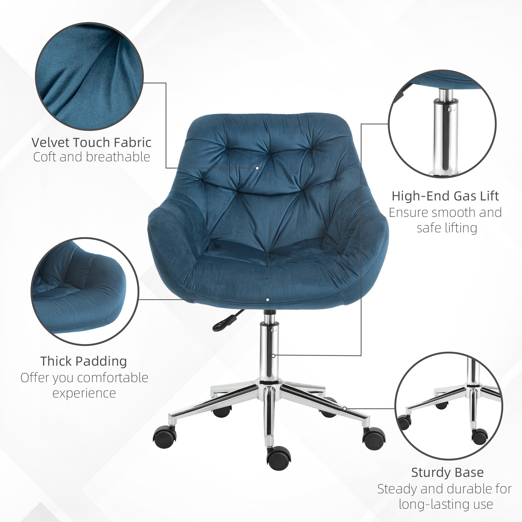 Vinsetto Home Office Chair Velvet Ergonomic Computer Chair Comfy Desk Chair with Adjustable Height, Arm and Back Support, Blue - North Peak Garden Furniture