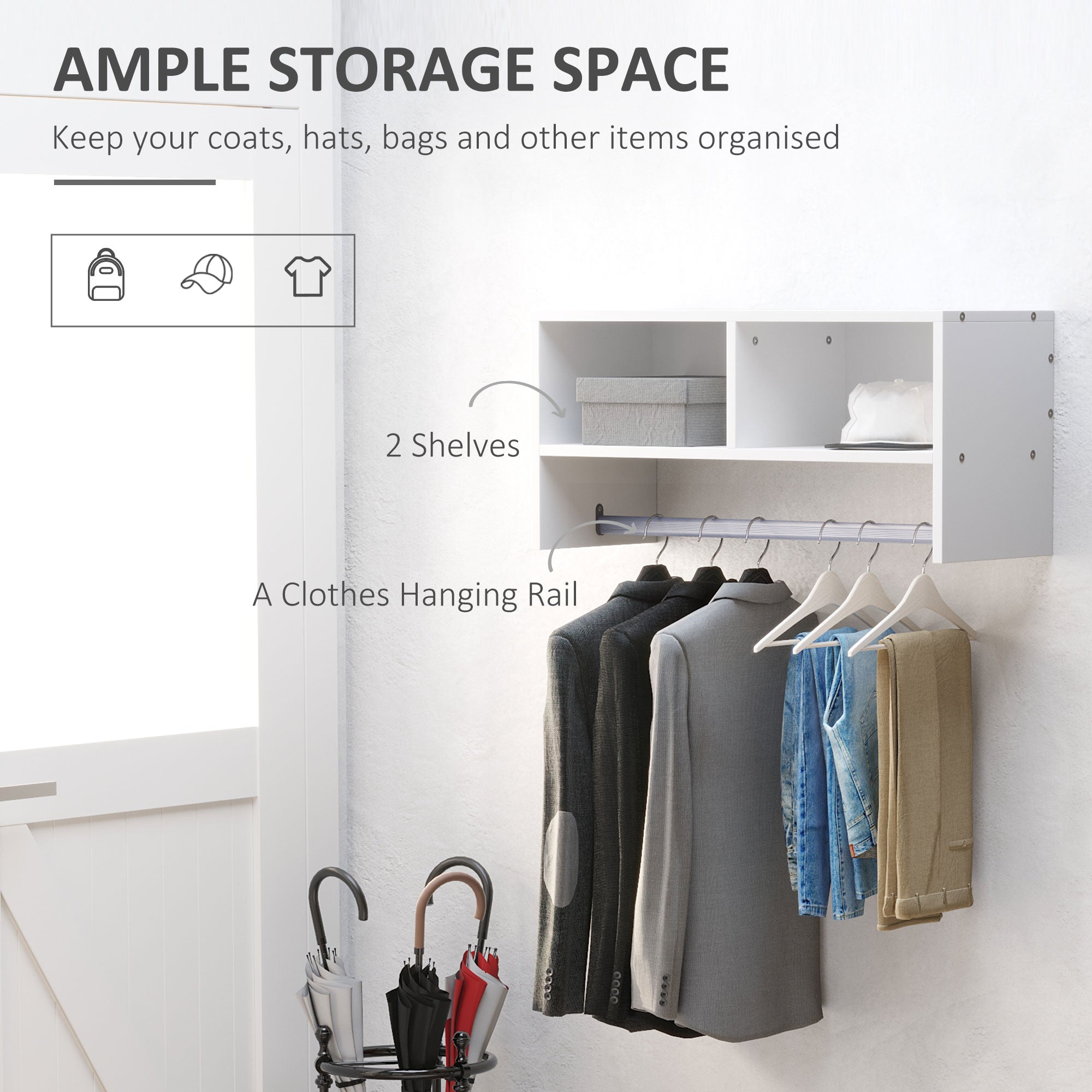 HOMCOM Wall Mounted Coat Hanger Hooks Rack Stand Hallway Coat Rack Rail & Storage Shelf Hanging Coat Organizer (White) - North Peak Garden Furniture