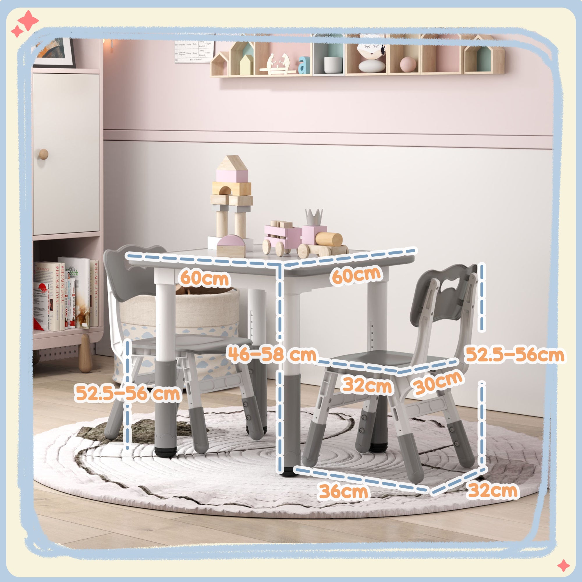 AIYAPLAY Height Adjustable Toddler Table and Chair Set, 3 Pcs Children Activity Table w/ 2 Chairs, for Playroom, Bedroom - Grey