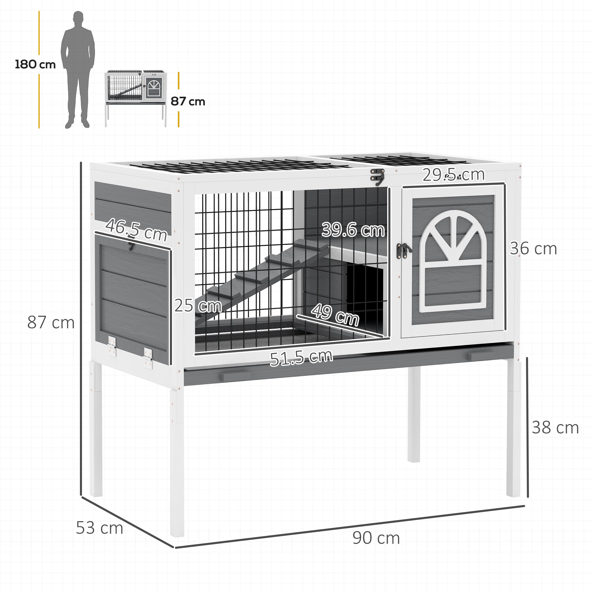 PawHut Wooden Rabbit Hutch, Guinea Pig Cage, with Removable Tray, Openable Roof, Grey