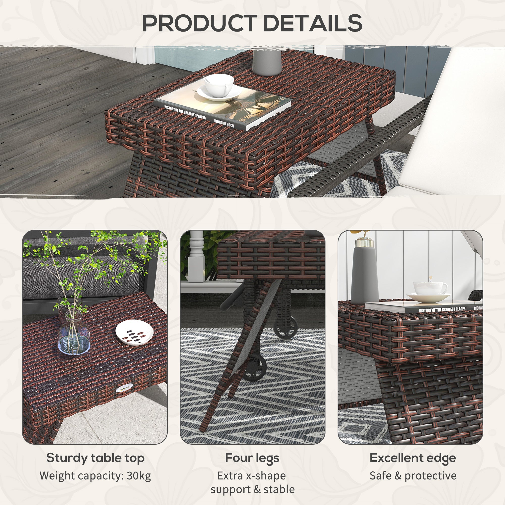 Outsunny Foldable Outdoor Side Table, Rattan Garden Coffee Table with Steel Frame, Space Saving Bistro Garden Furniture for Patio, Balcony, 60 x 41 x 41 cm, Brown - North Peak Garden Furniture