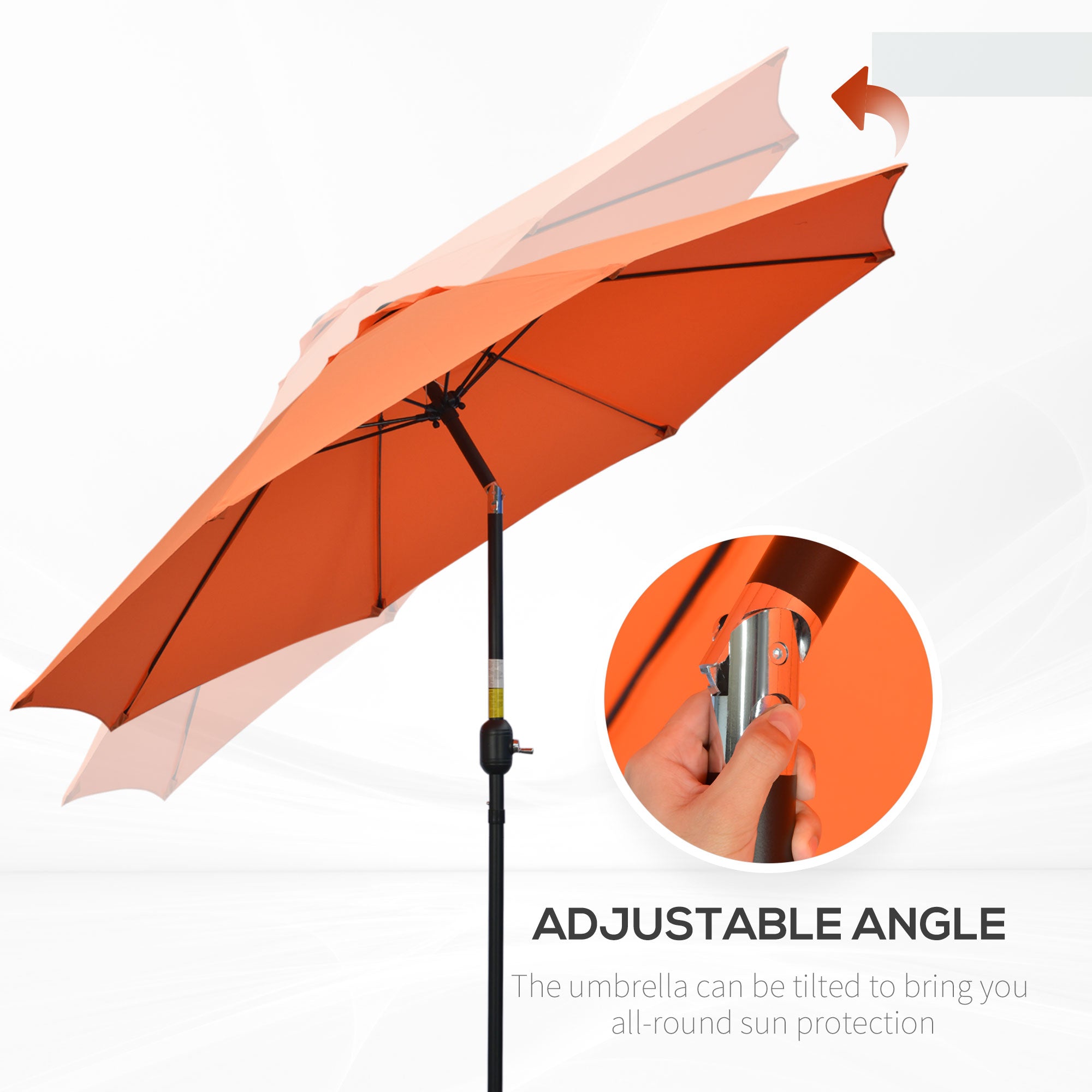 Outsunny 2.6M Patio Parasol Sun Umbrella, Tilt Shade Shelter Canopy with Crank 8 Ribs Aluminium Frame, Orange - North Peak Garden Furniture