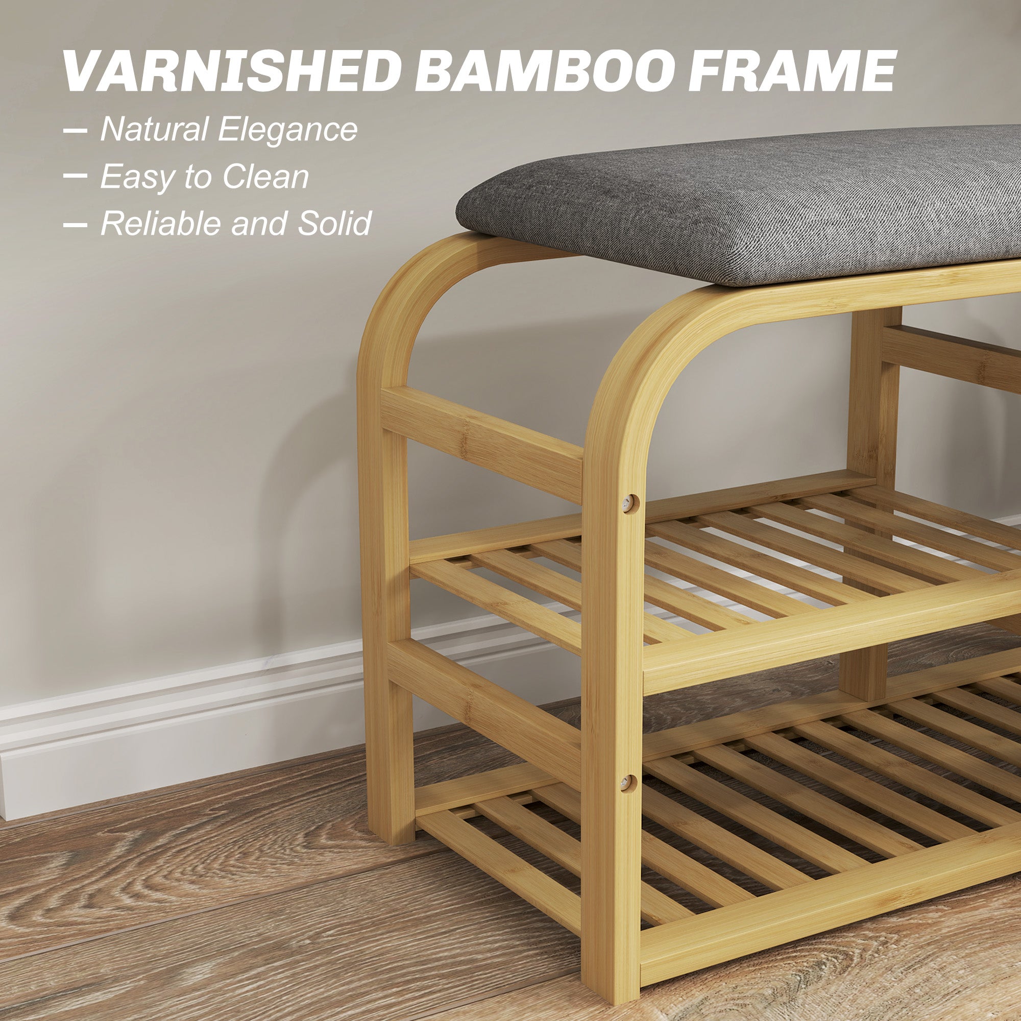 HOMCOM Bamboo Shoe Rack Bench with Padded Seat - Nature Wood Finish - North Peak Garden Furniture