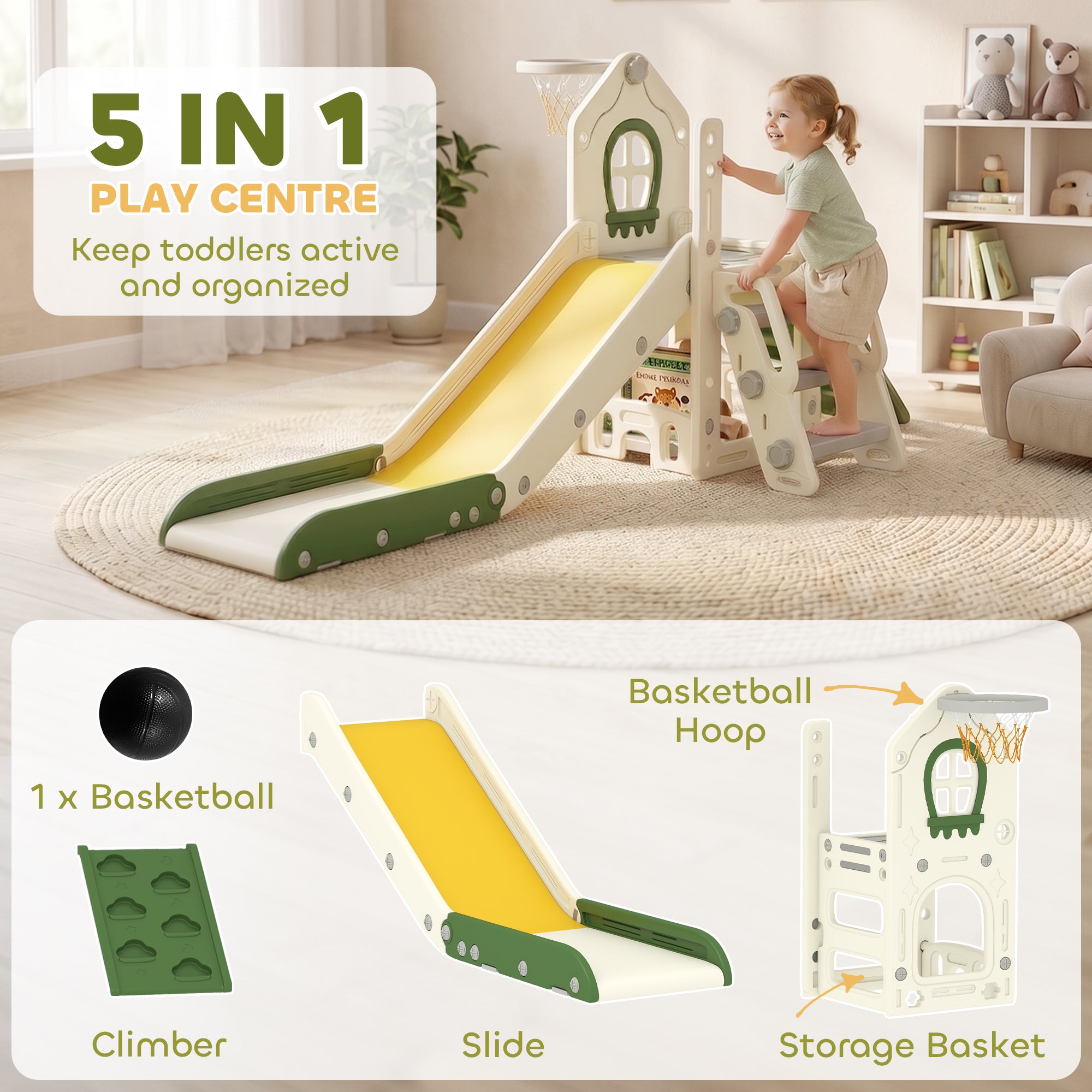 AIYAPLAY Foldable 5 in 1 Toddler Slide with Ladder, Climbing Wall, Basketball Hoop, Storage and Basketball for 1-3 Years, Cream