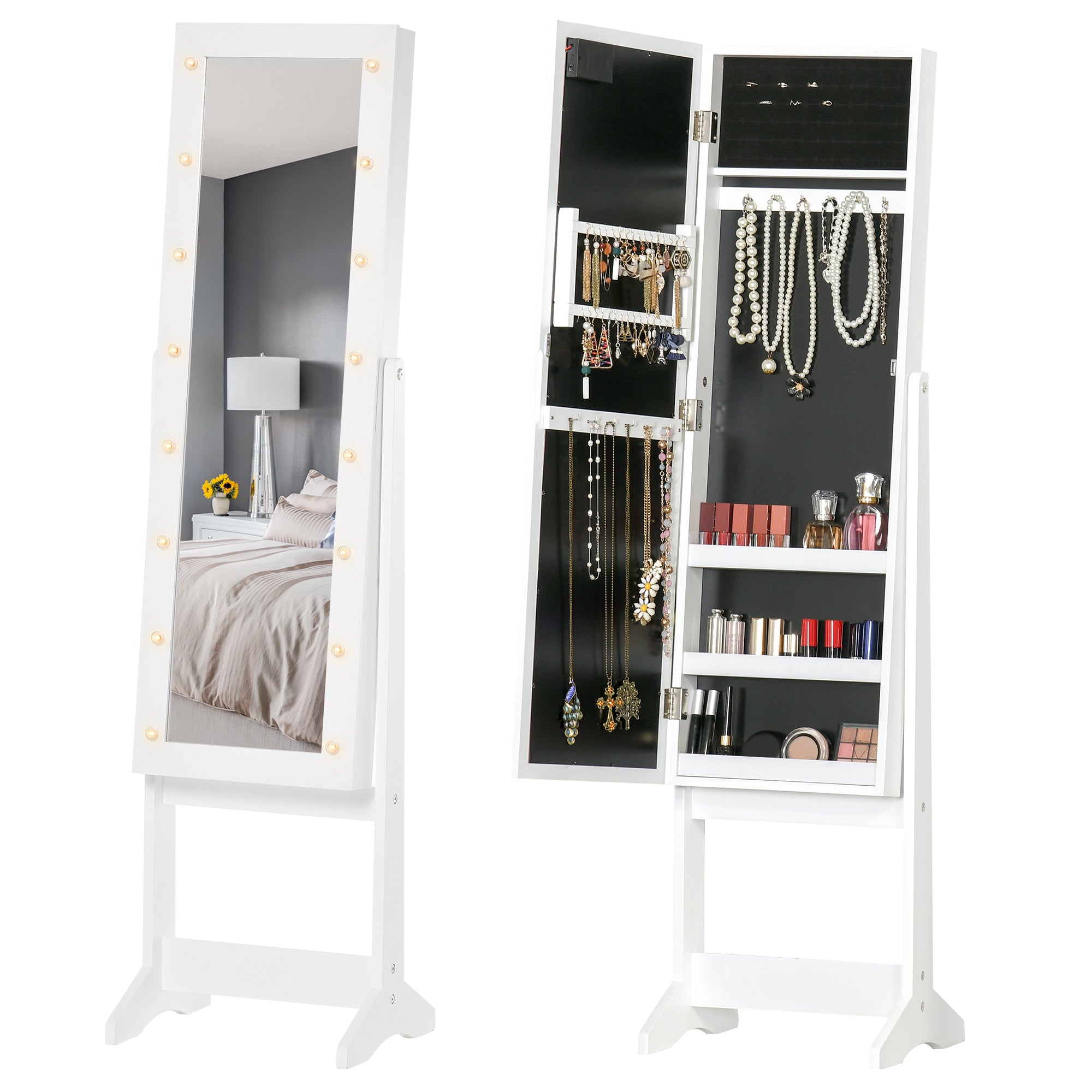 HOMCOM Free Standing LED Mirrored Jewelry Cabinet Armoire Floor Organiser W/ 3 Angle Adjustable For Rings Earrings Bracelets Cosmetics Warm White - North Peak Garden Furniture