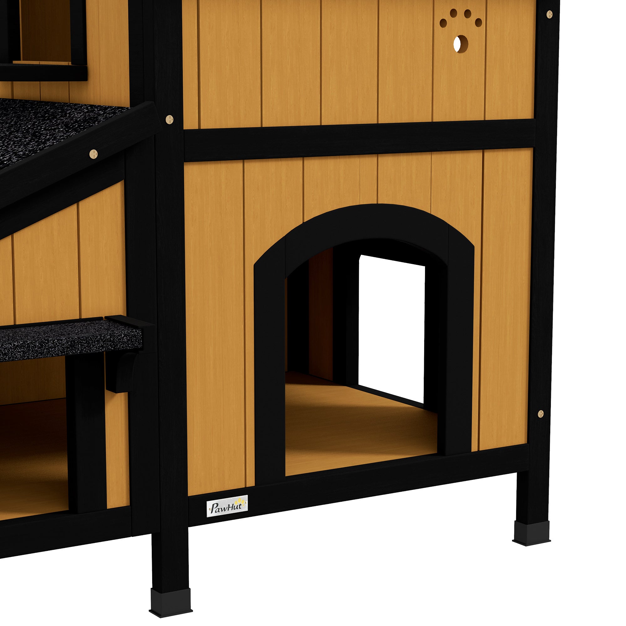 PawHut Wooden Cat House with Flower Pot, Windows, Multiple Entrances, Water-Resistant Roof for Outdoor - Yellow - North Peak Garden Furniture