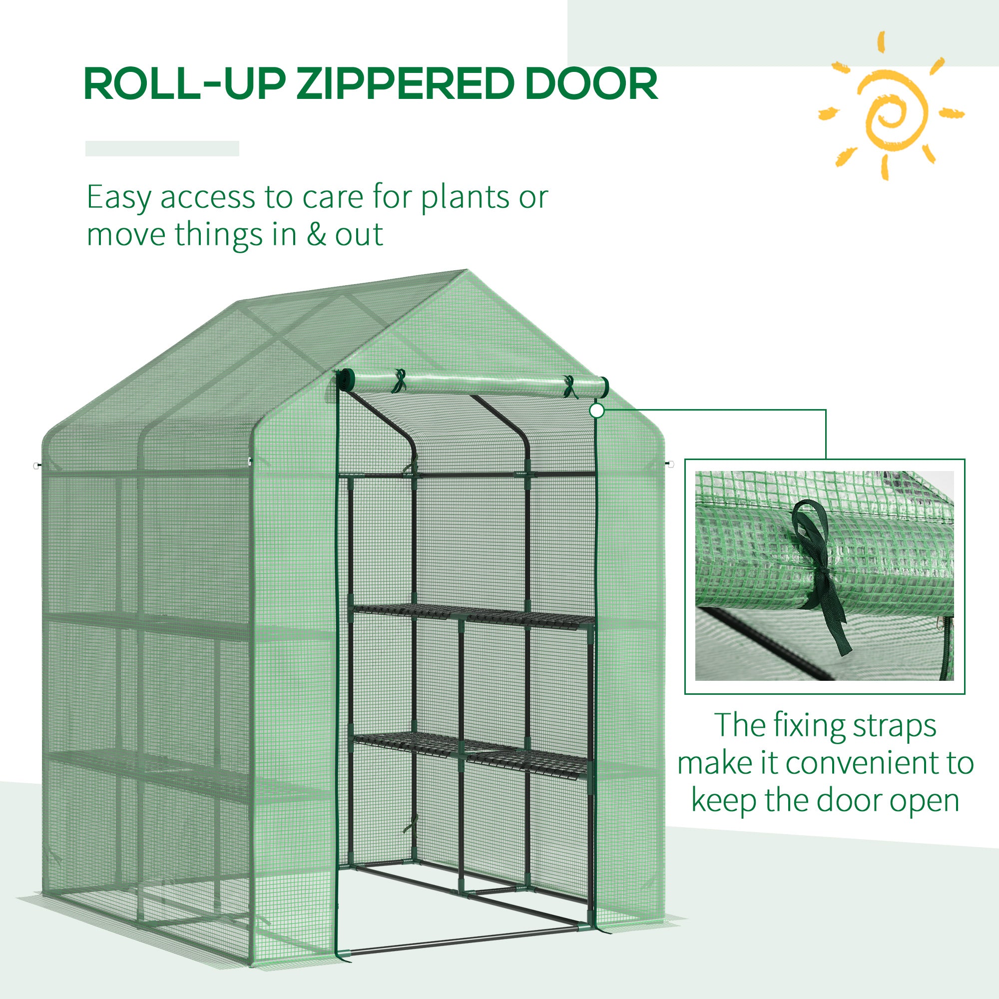 Outsunny Walk in Garden Greenhouse with Shelves Polytunnel Steeple Green house Grow House Removable Cover 143x138x190cm, Green - North Peak Garden Furniture