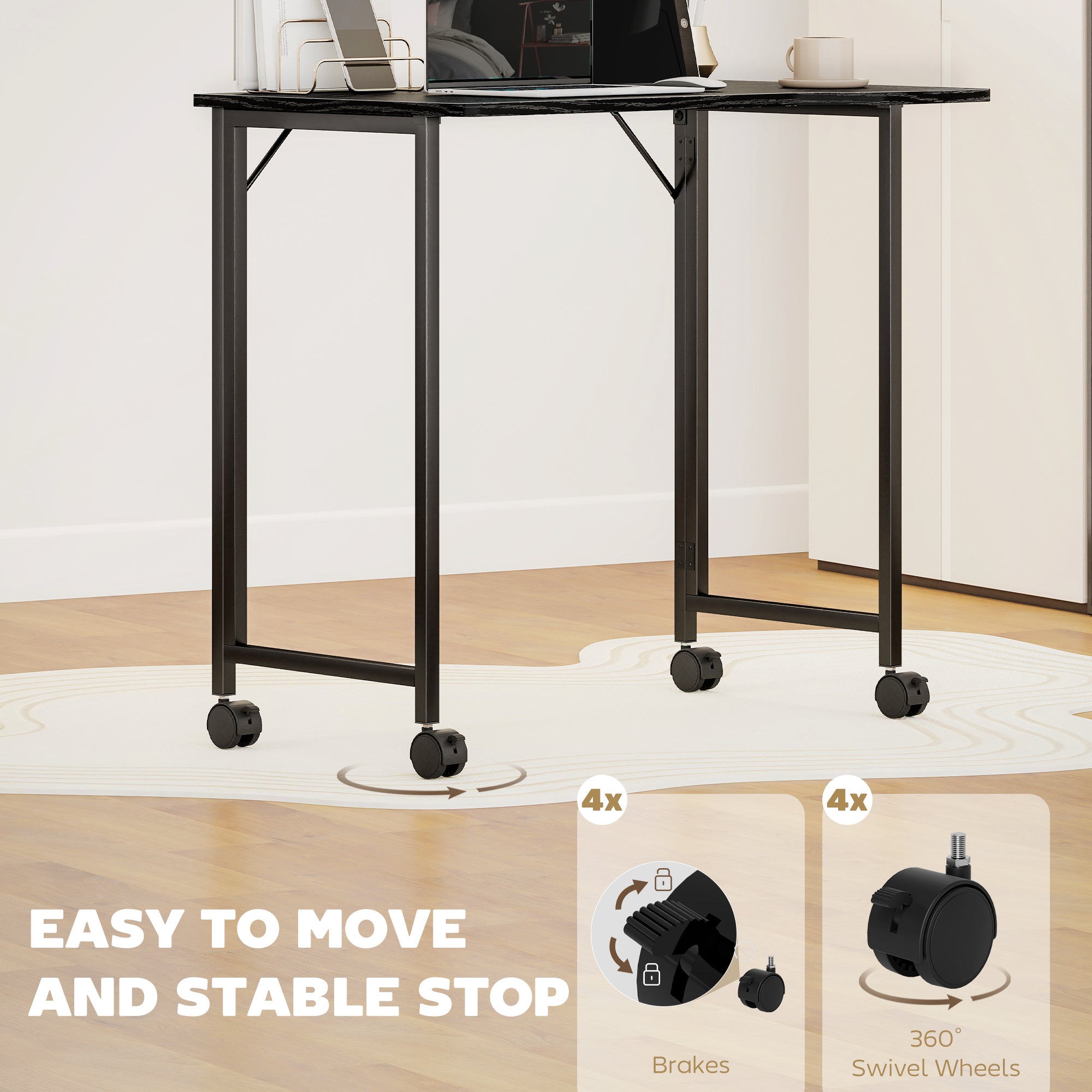 HOMCOM Folding Small Desk on Wheels - Black Wood Effect