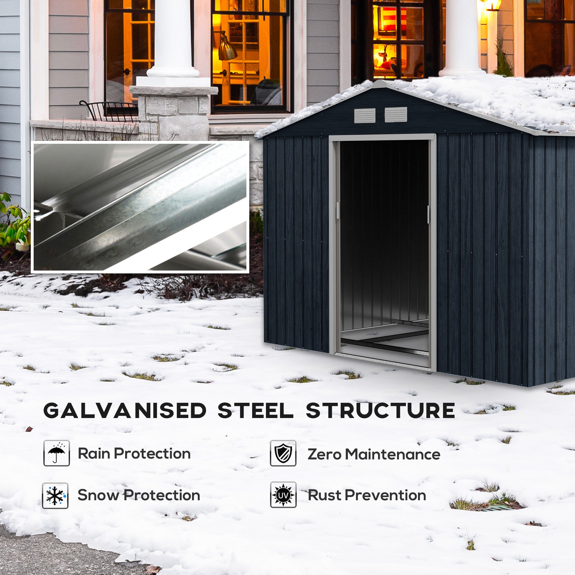 Outsunny 9 x 6ft Metal Garden Shed, Outdoor Storage Tool House with Ventilation Slots, Foundation Kit and Lockable Double Doors, Dark Grey - North Peak Garden Furniture