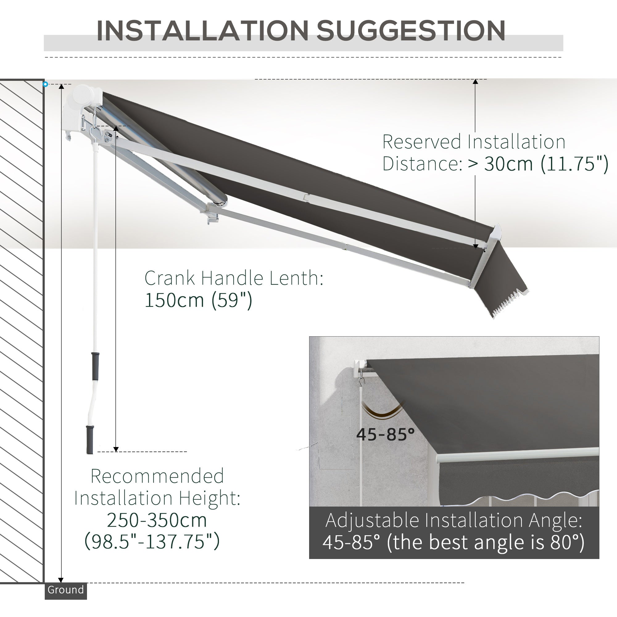 Outsunny 4x2.5m Retractable Manual Awning Window Door Sun Shade Canopy with Fittings and Crank Handle Grey