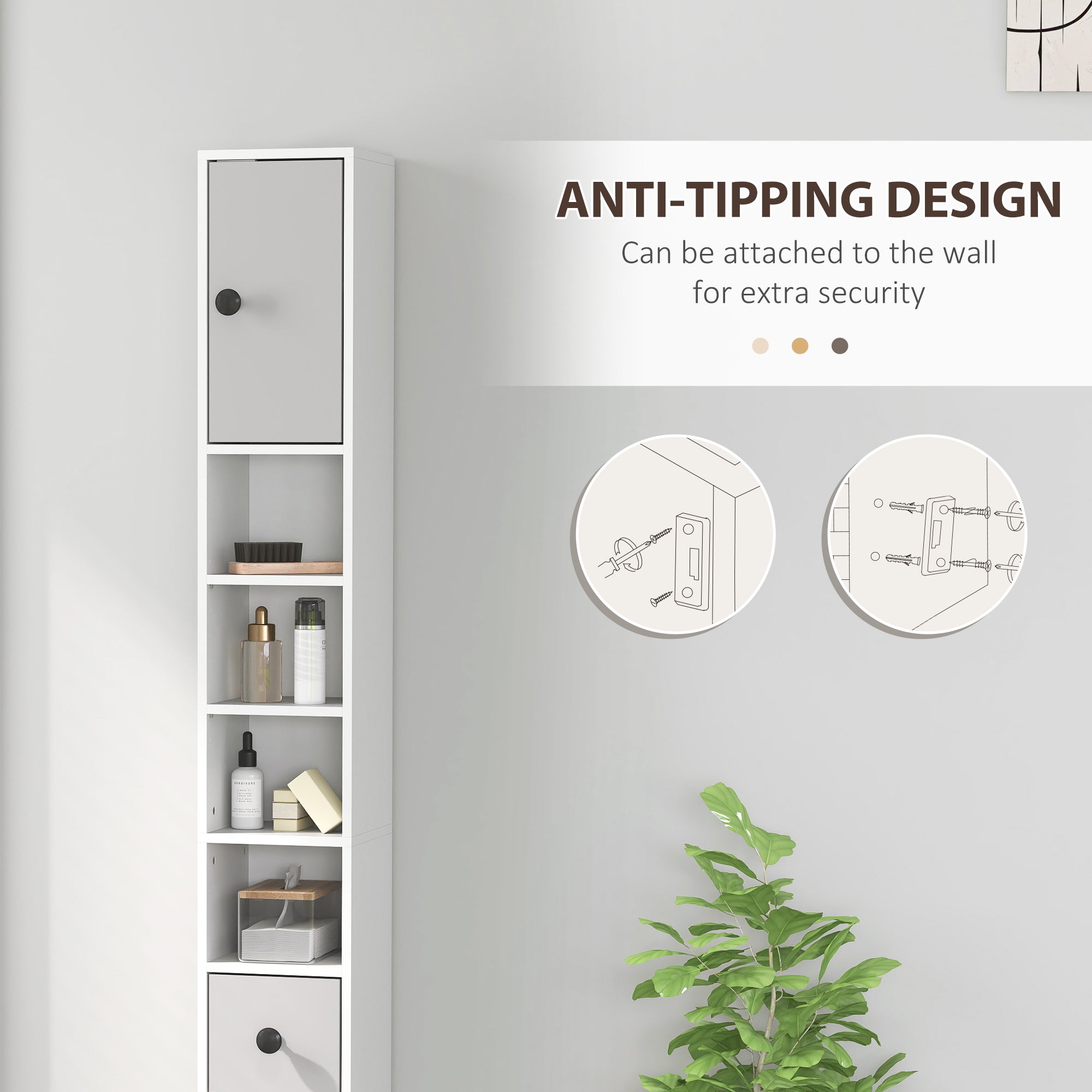 kleankin 180cm Slim Bathroom Cabinet, with Drawer, Shelves and Cupboards - Light Grey - North Peak Garden Furniture