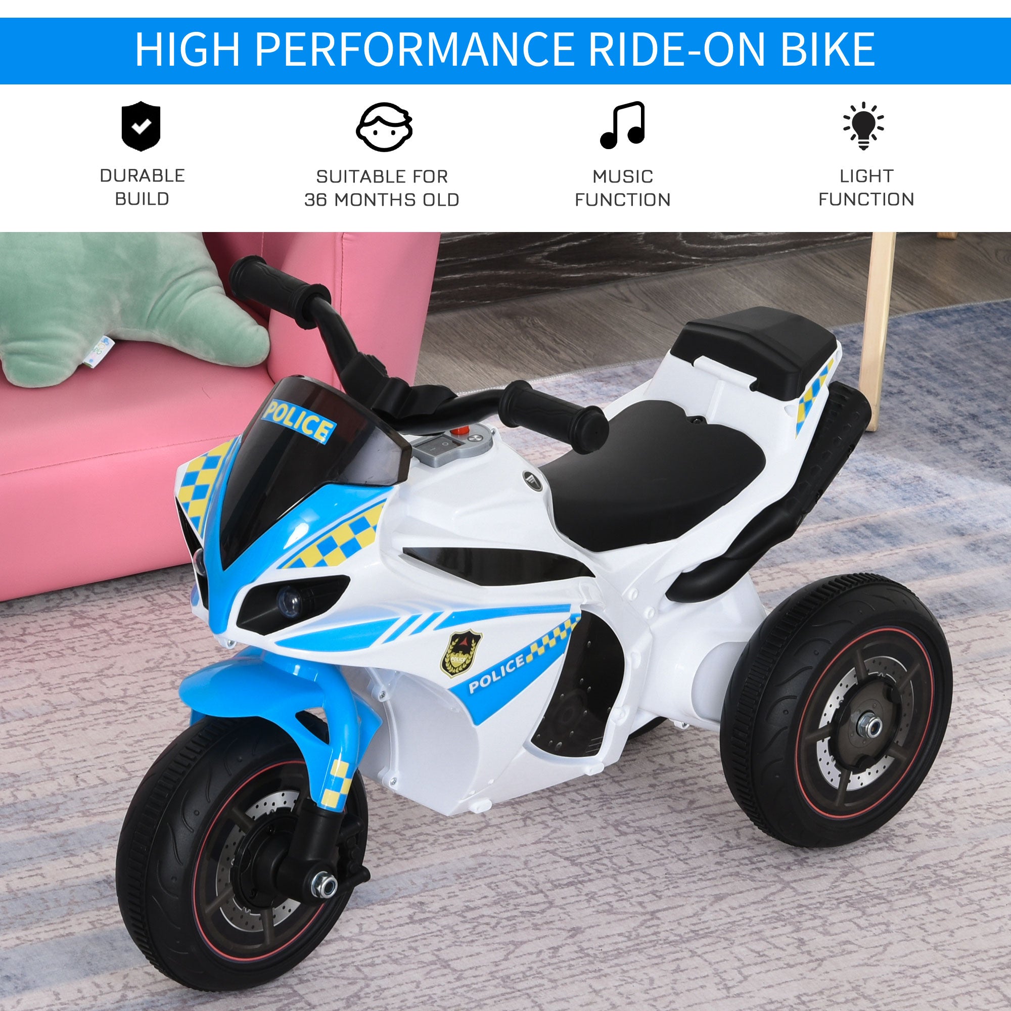 HOMCOM Kids Ride-On Police Bike 3-Wheel Vehicle w/ Music Lights Safe Seat Handlebars Toddler NO POWER Child Learning Fun Development 18-36 Months Blue - North Peak Garden Furniture