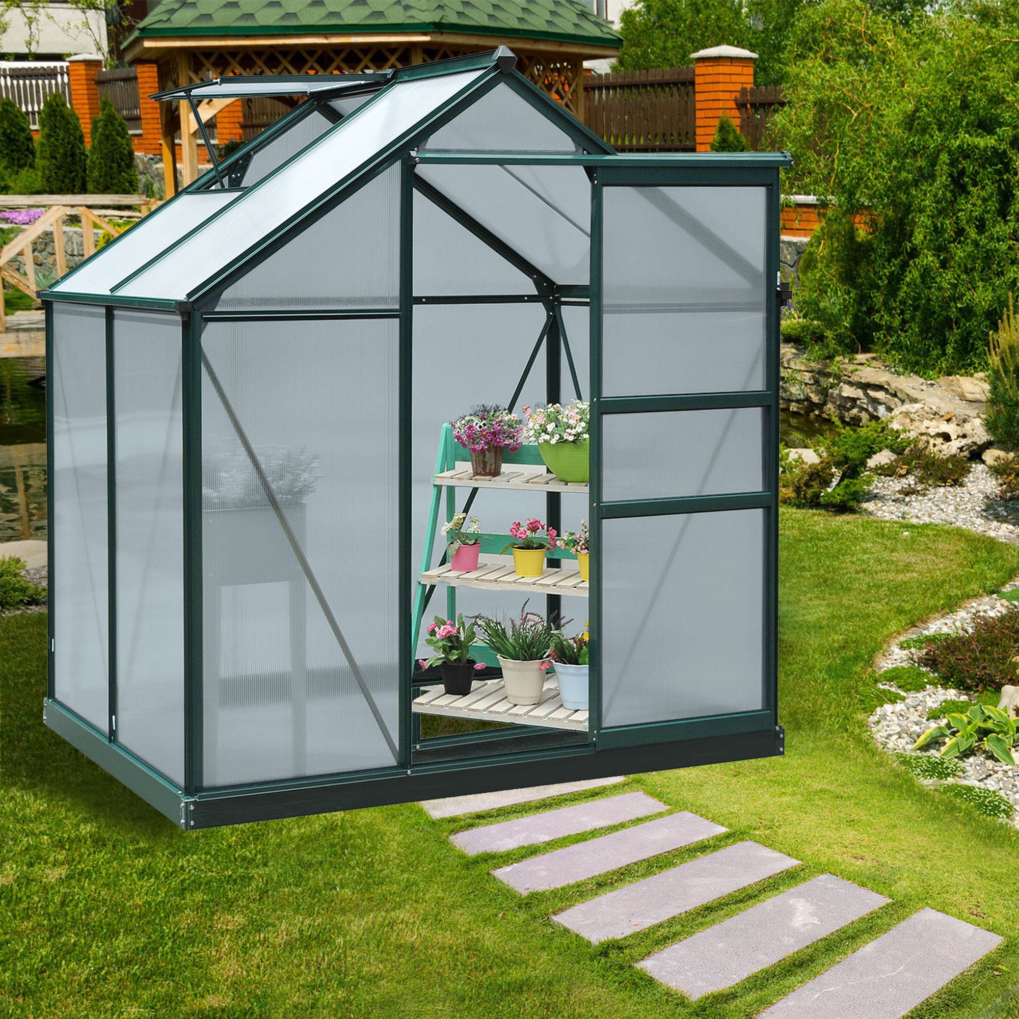 Outsunny Clear Polycarbonate Greenhouse Large Walk-In Green House Garden Plants Grow Galvanized Base Aluminium Frame w/ Slide Door (6ft x 4ft)