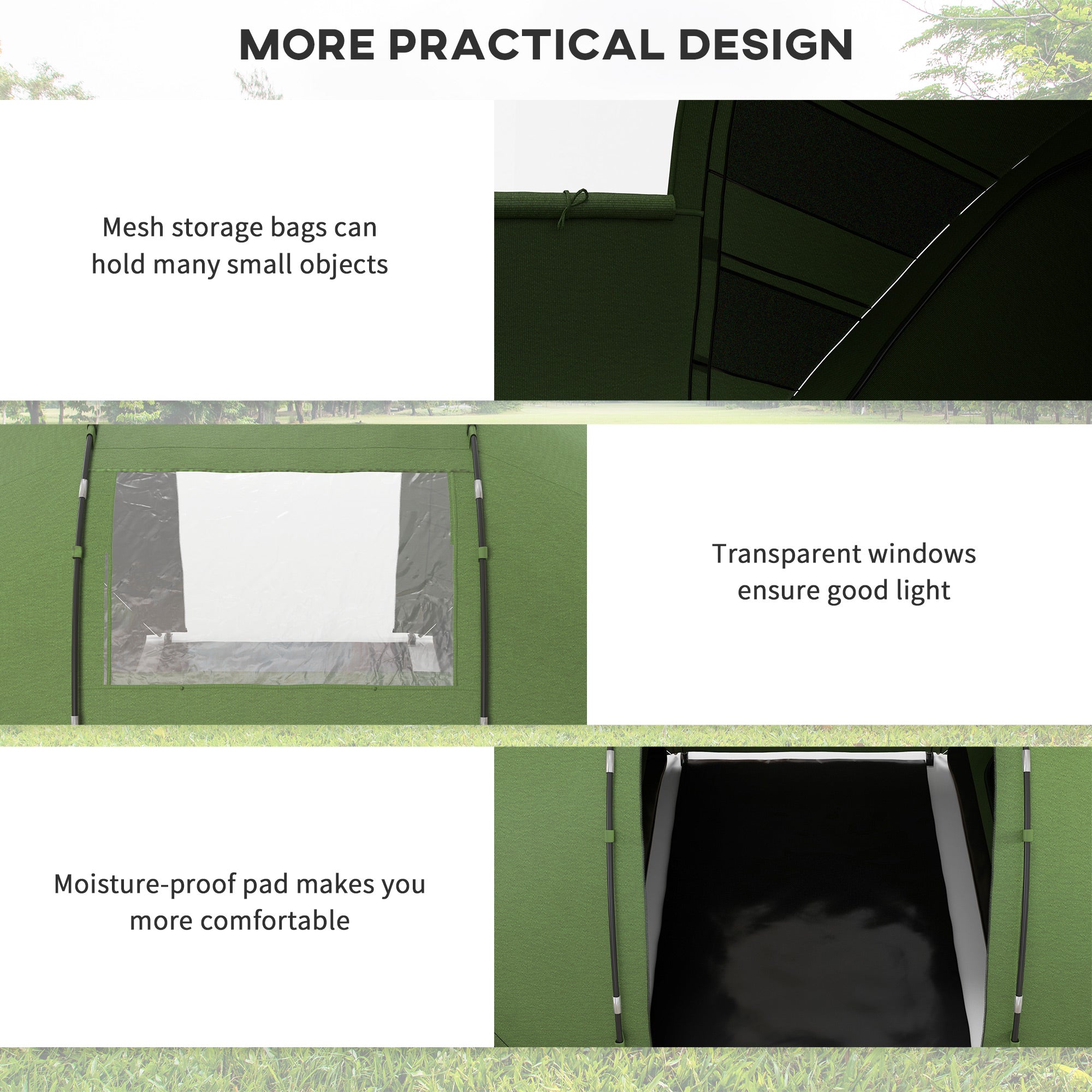 Outsunny 4-6 Man Camping Tent w/ Two Bedroom, Hiking Sun Shelter, UV Protection Tunnel Tent, Dark Green - North Peak Garden Furniture
