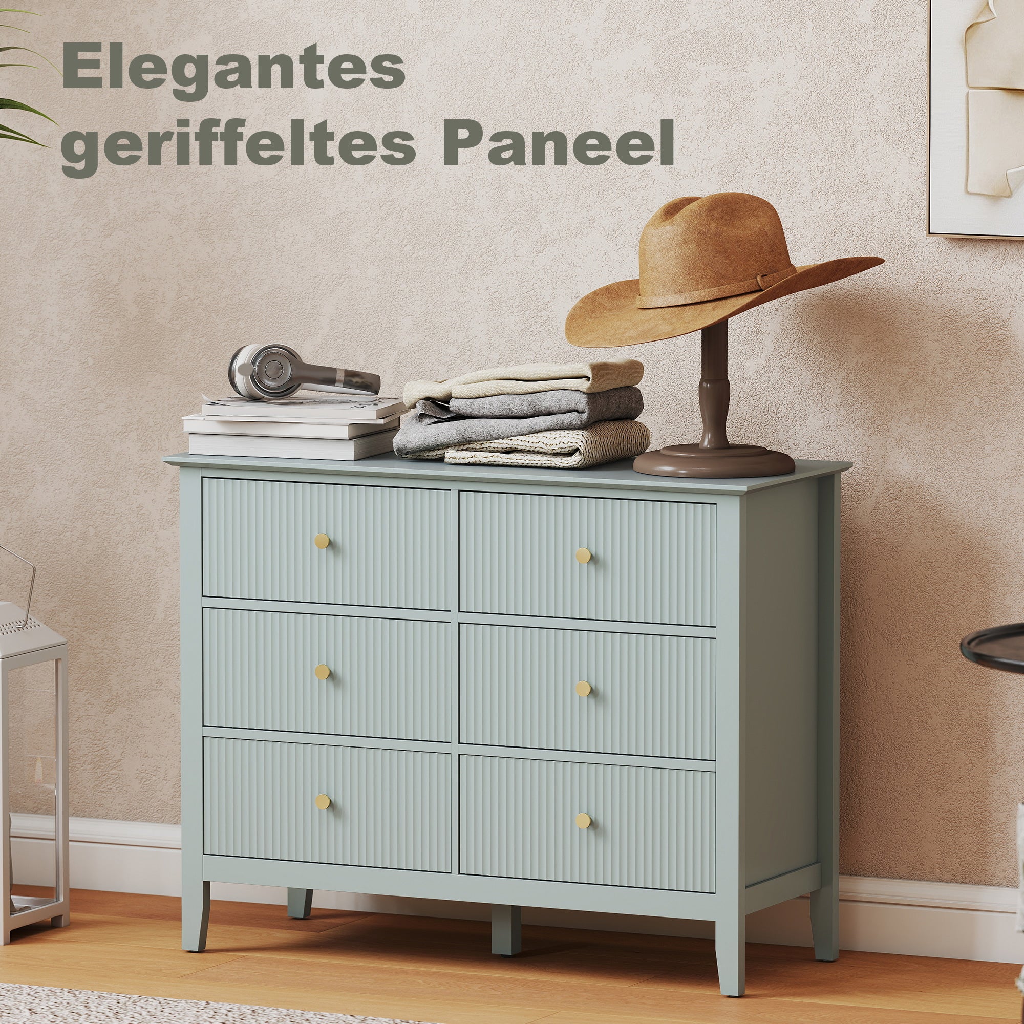 HOMCOM Fluted Dresser, 6 Drawer Chest of Drawers for Bedroom, Living Room, Hallway, Closet, Green