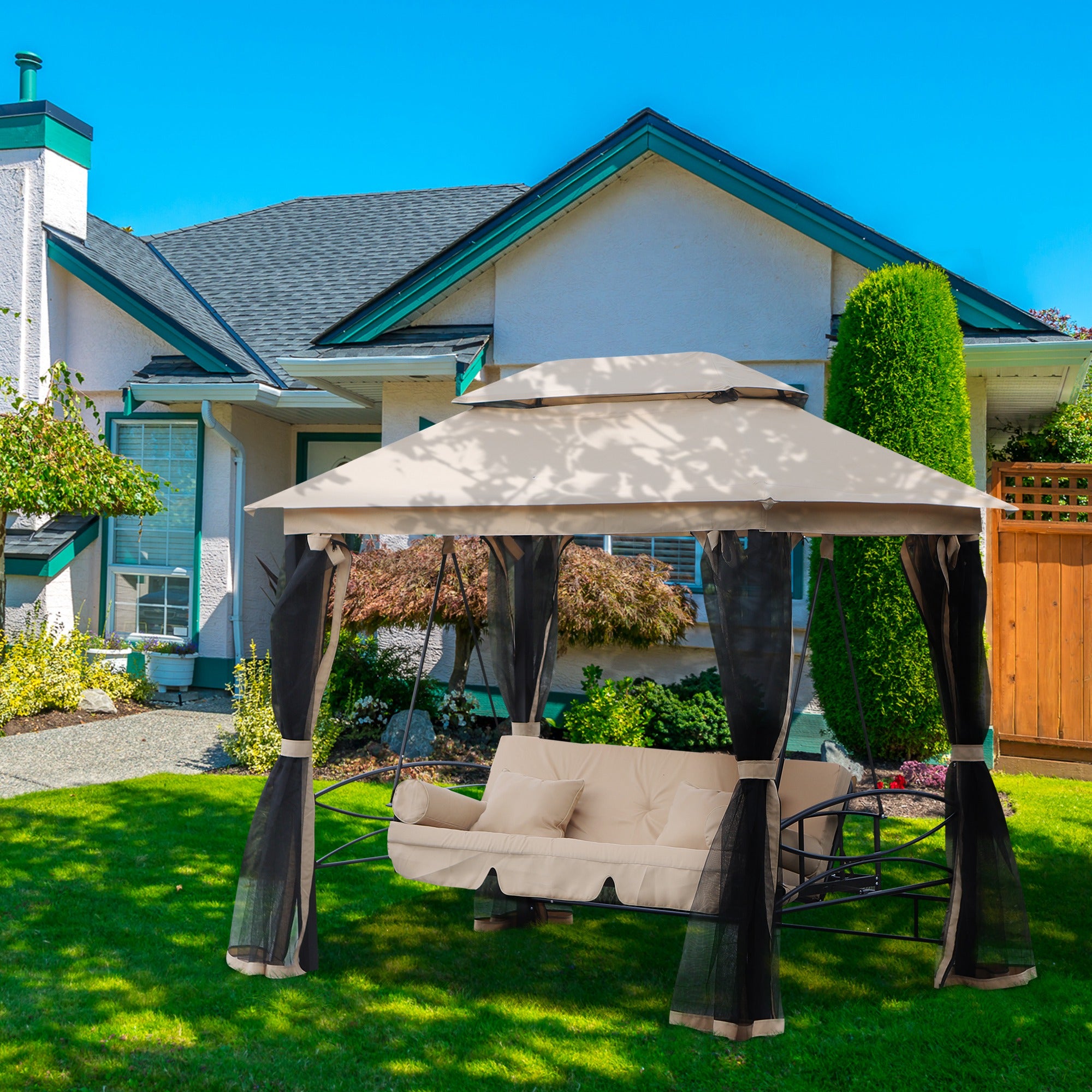 Outsunny 3 Seater Swing Chair 3-in-1 Convertible Garden Swing Seat Bed Gazebo Patio Bench Outdoor with Double Tier Canopy, Cushioned Seat, Mesh Sidewalls, Beige - North Peak Garden Furniture