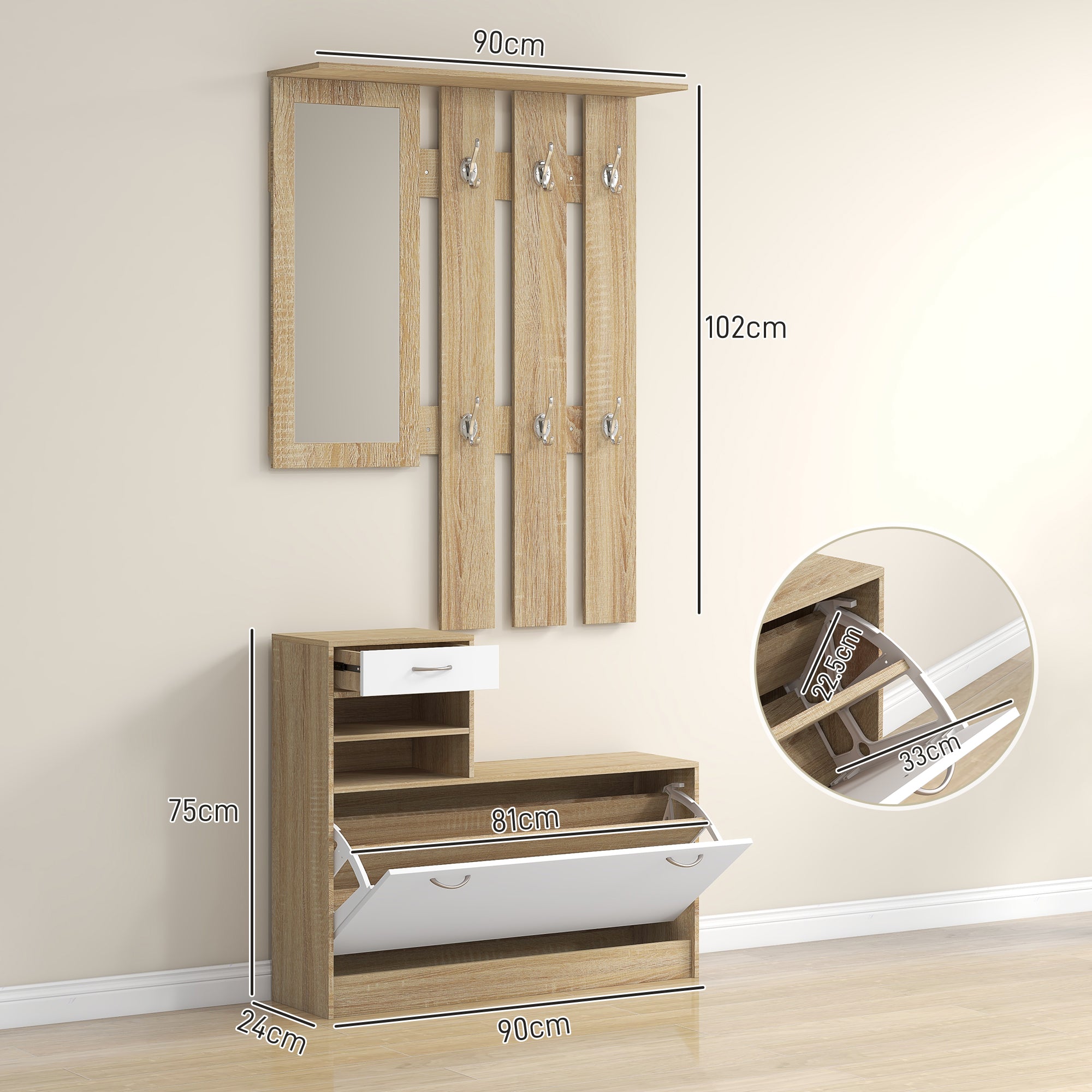 HOMCOM Three-in-One Hallway Storage Set - Natural Wood Finish/White - North Peak Garden Furniture