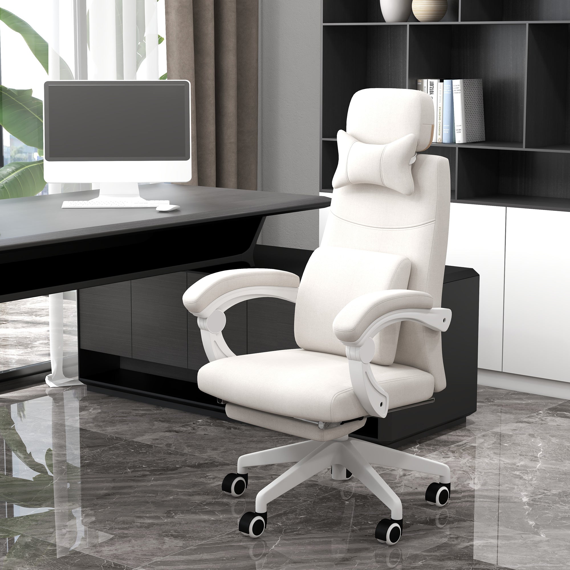 Vinsetto Linen-Look Office Chair, with 160° Reclining Back and Footrest - White - North Peak Garden Furniture
