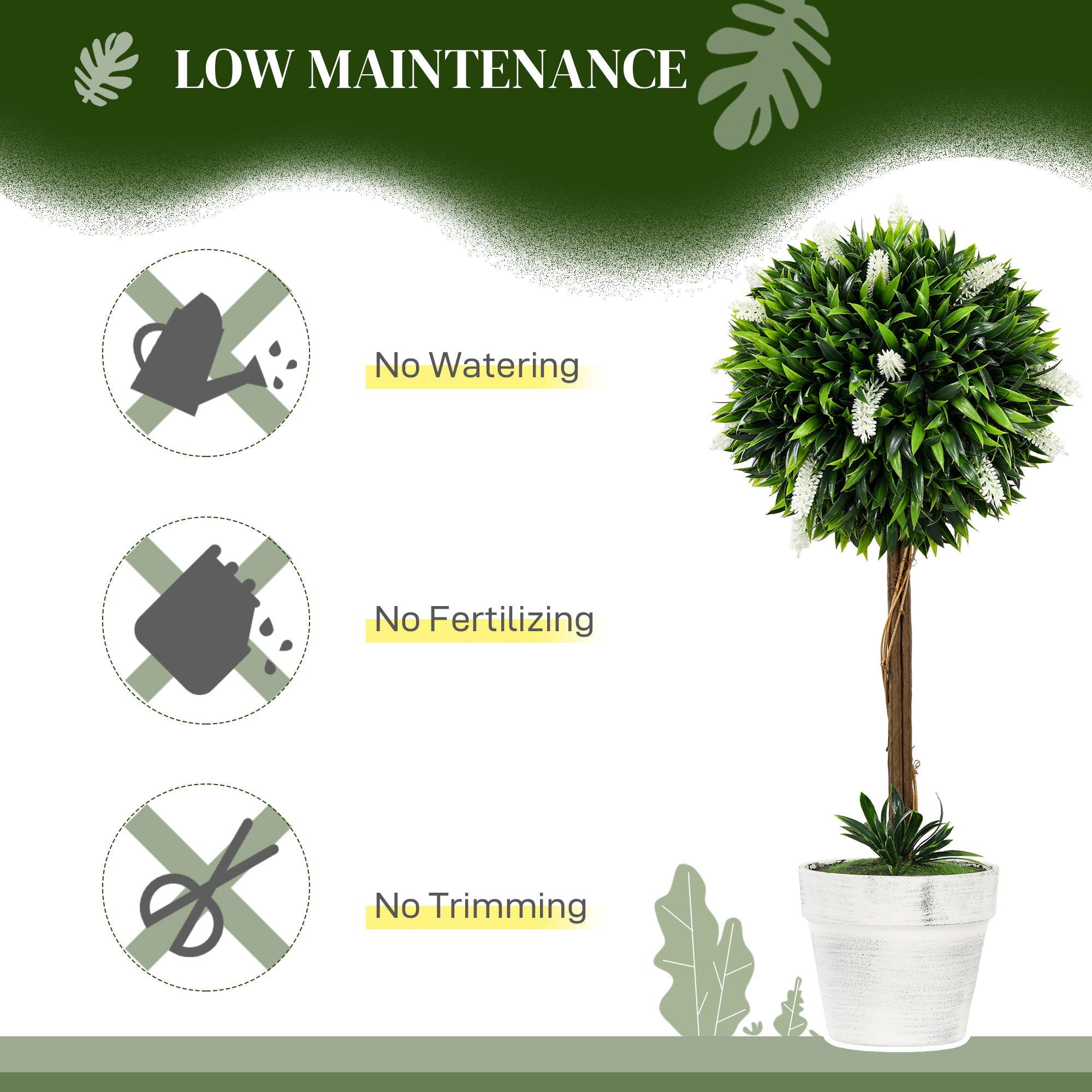 HOMCOM Set of 2 Decorative Artificial Plants Ball Trees with Flower for Home Indoor Outdoor Decor, 60cm ,White - North Peak Garden Furniture