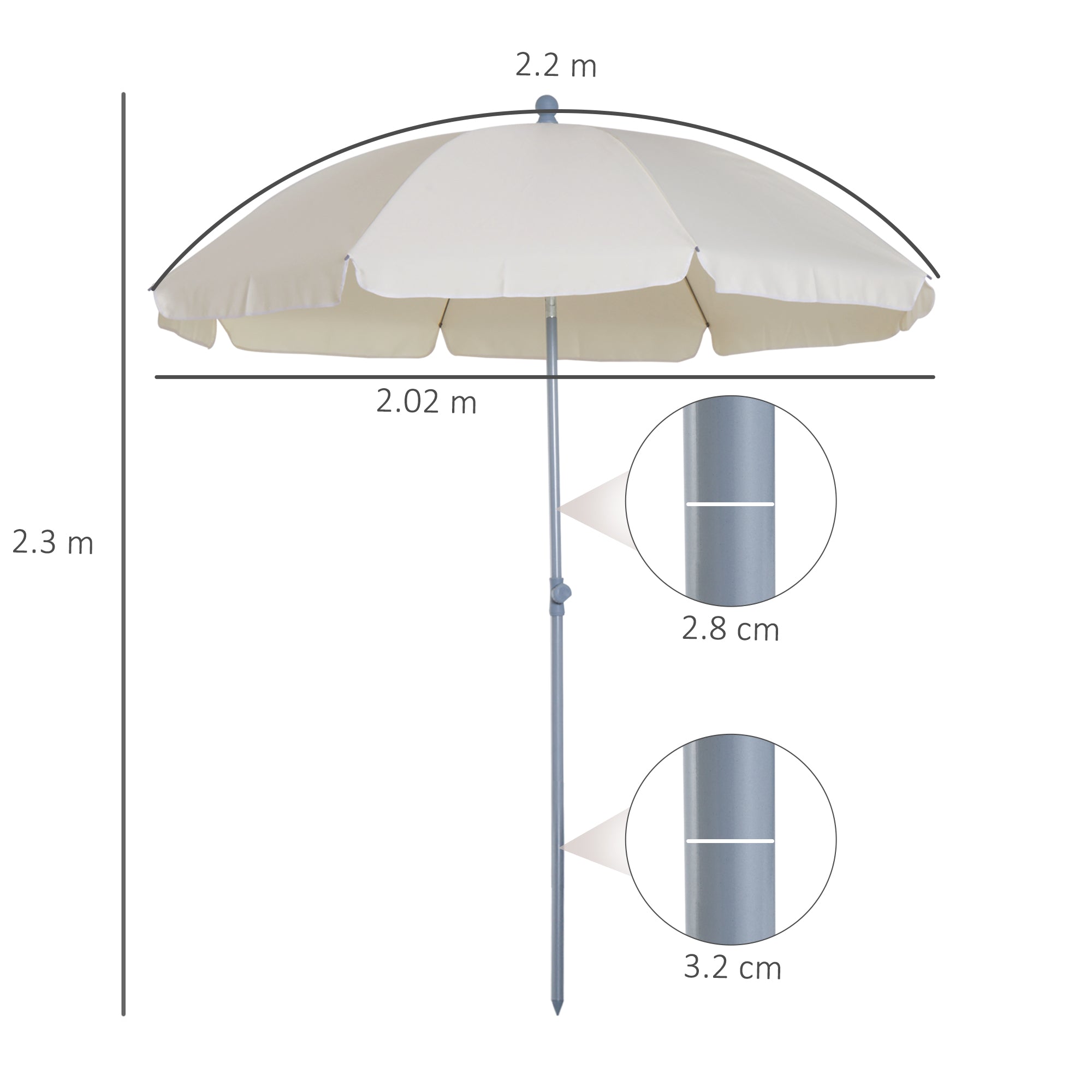 Outsunny 2.2m Beach Umbrella, Portable Parasol with Tilting Function, Outdoor Sunshade Shelter with 8 Ribs, Cream White - North Peak Garden Furniture