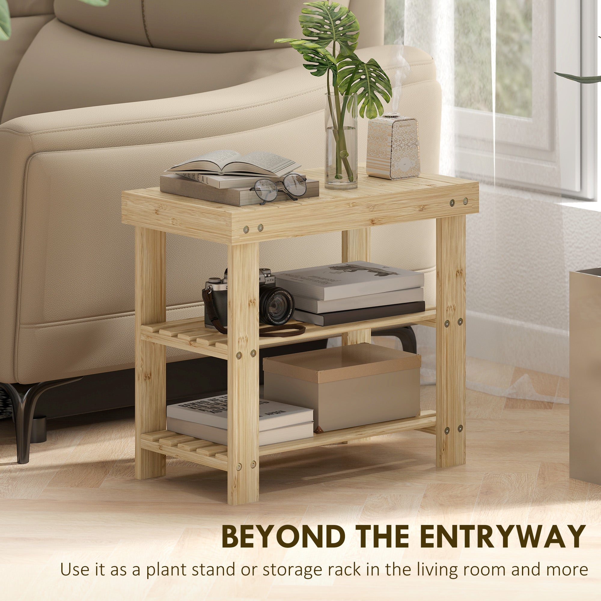 HOMCOM Two Shelf Bamboo Shoe Storage Bench - Natural Finish