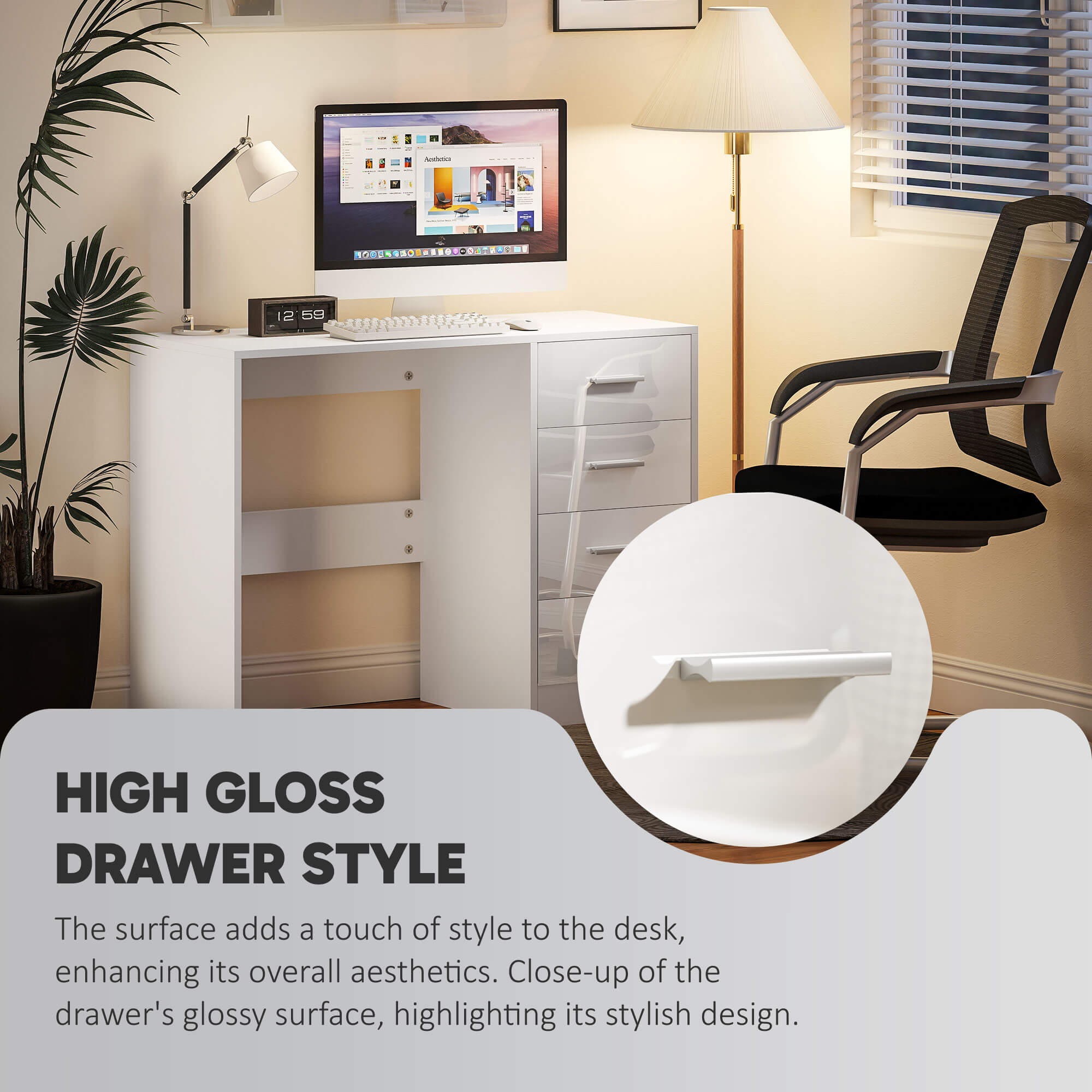 HOMCOM Computer Desk with Drawers, Dressing Table, High Gloss Home Office Writing Workstation, White - North Peak Garden Furniture