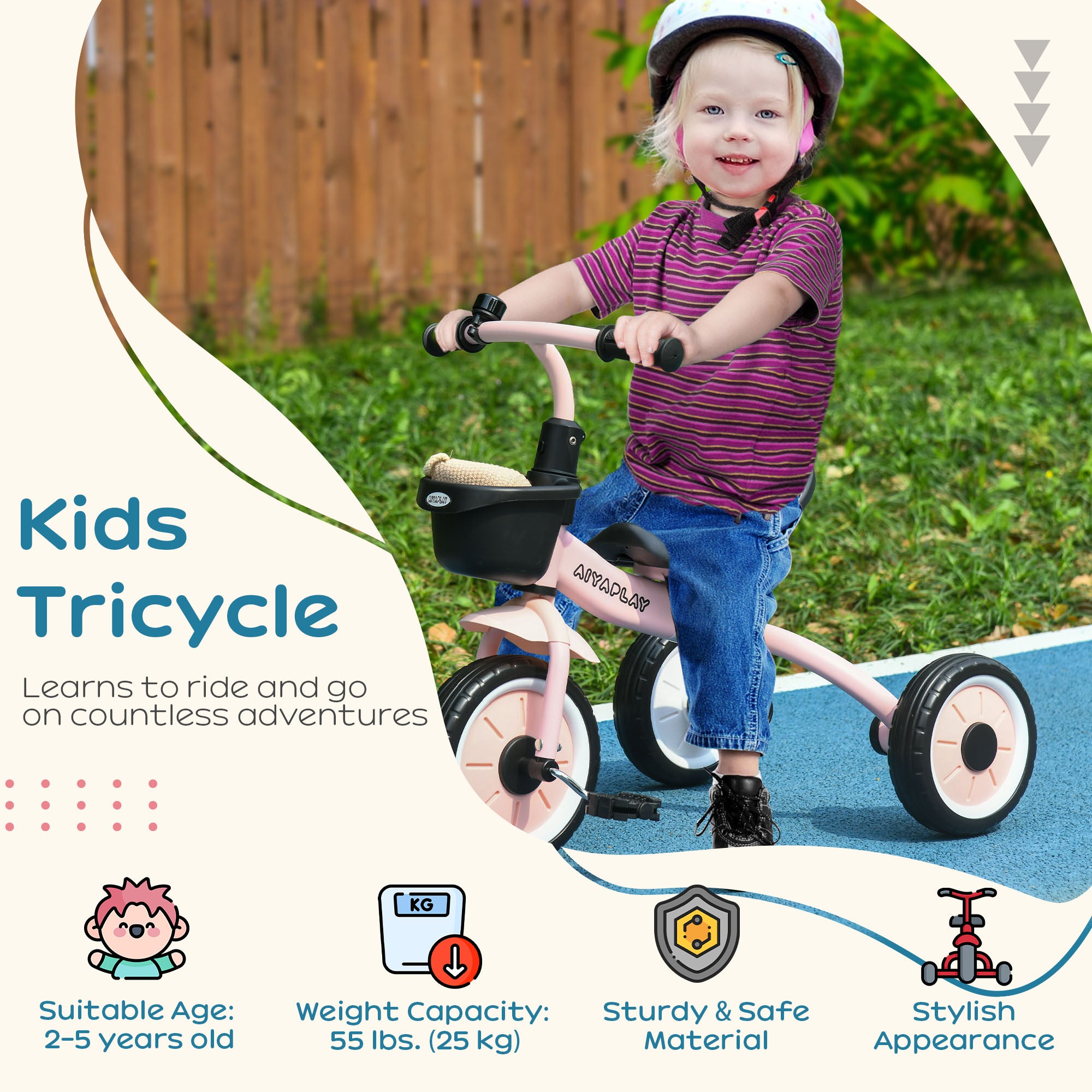 AIYAPLAY Kids Trike, Tricycle, with Adjustable Seat, Basket, Bell, for Ages 2-5 Years - Pink - North Peak Garden Furniture