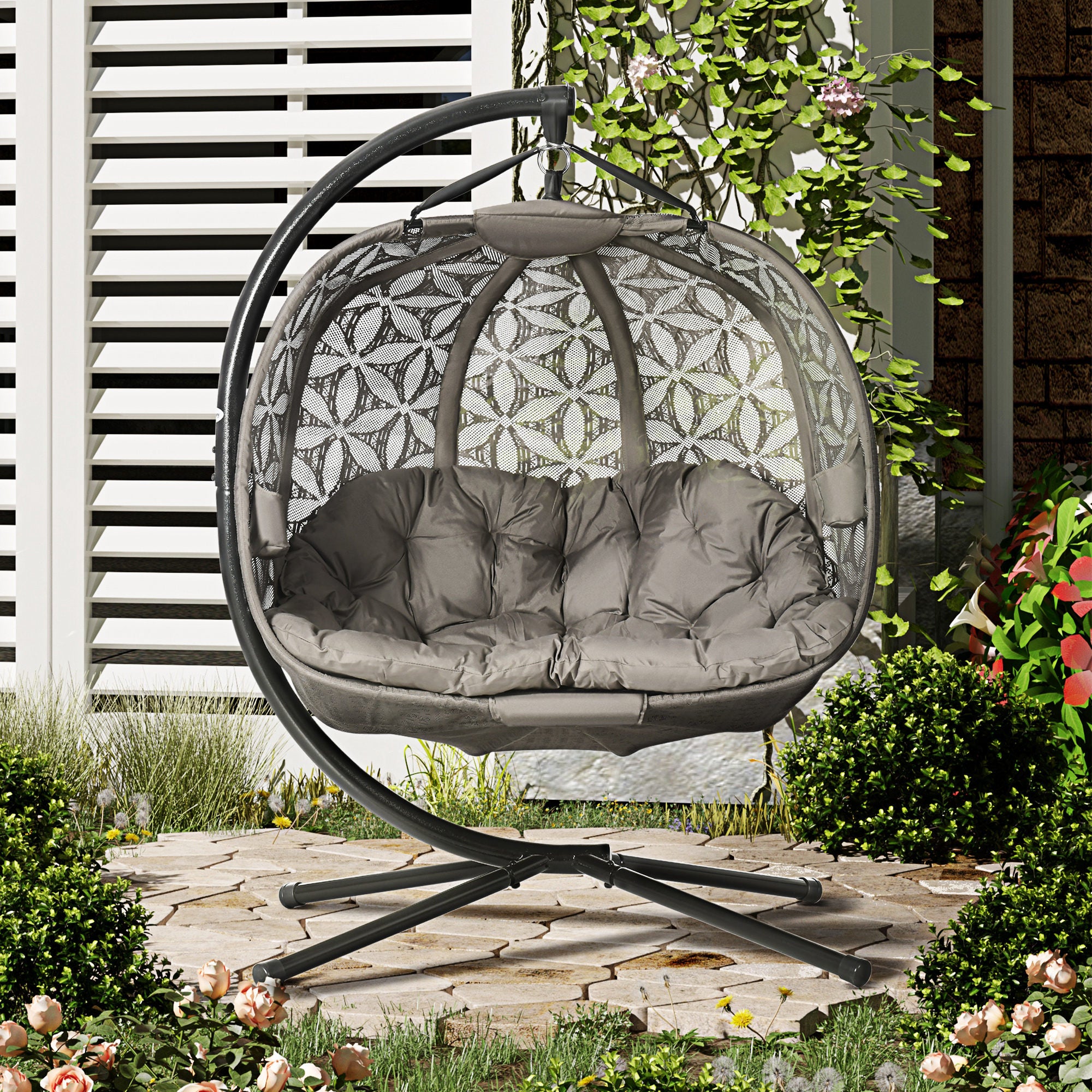 Outsunny Outdoor Double Hanging Chair, Swing Chair with Metal Stand, Thick Padded Cushion, Foldable Basket and Cup Holders, for Indoor and Outdoor, Sand Brown - North Peak Garden Furniture