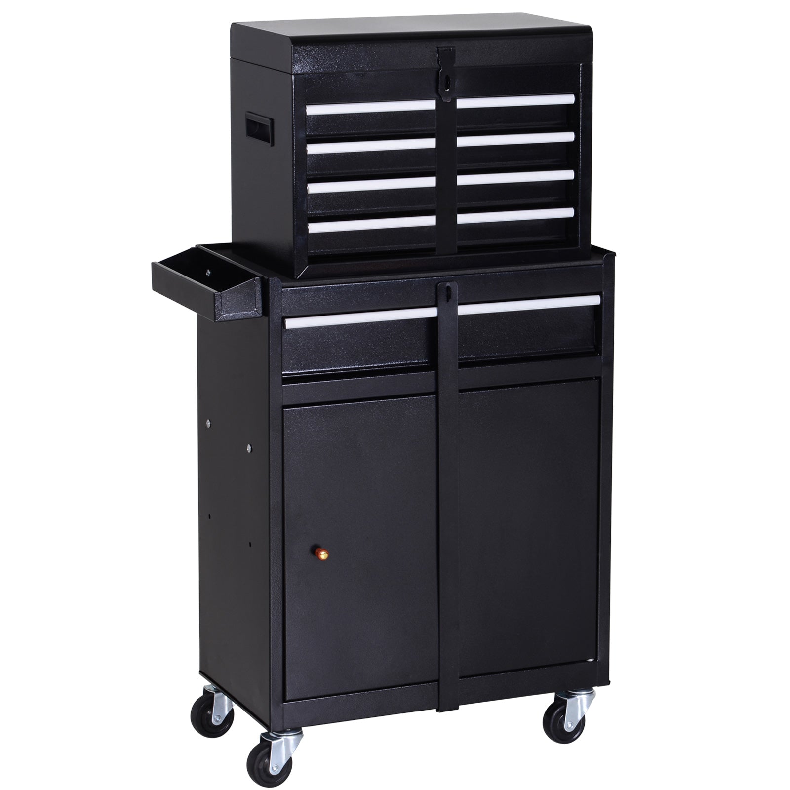 DURHAND Tool Chest 2 in 1 Metal Tool Cabinet Storage Box with 5 Drawers Pegboard Wheels 60x28x104.5cm Black - North Peak Garden Furniture