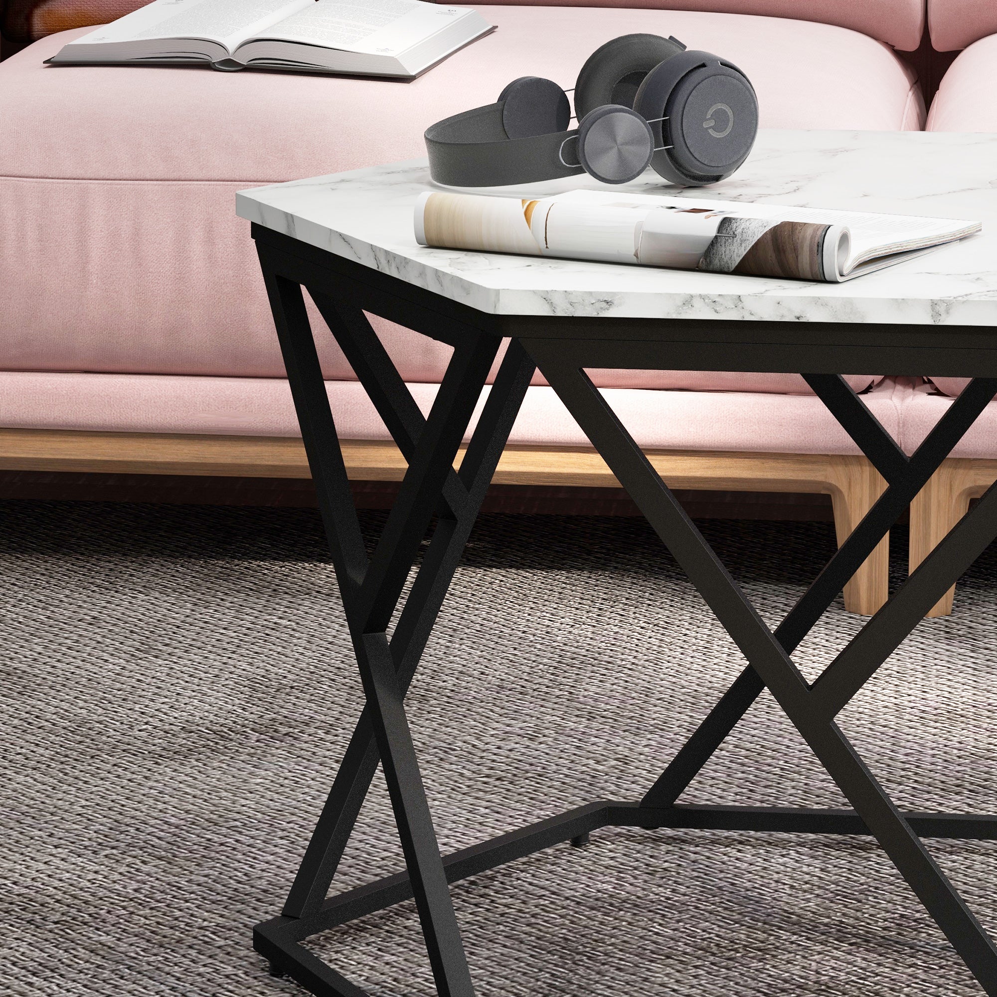 HOMCOM Hexagonal Coffee Table with High Gloss Marble Effect Table Top, Modern Cocktail Table with Steel Frame for Living Room, White - North Peak Garden Furniture