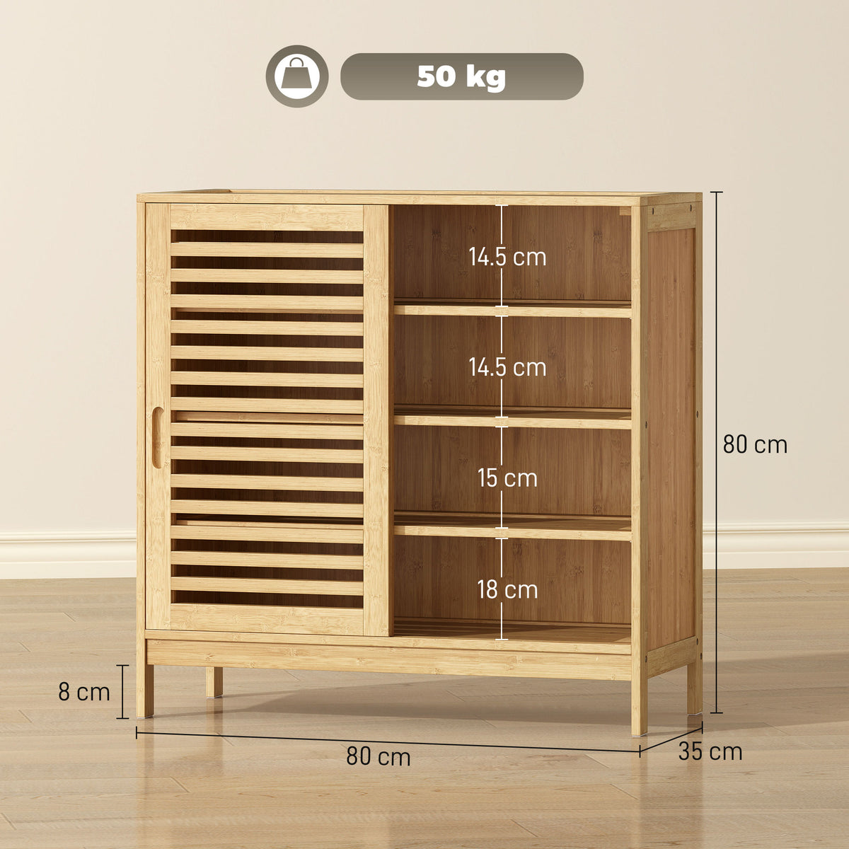 HOMCOM Bamboo Shoe Cabinet with 2 Sliding Slat Doors, 16Pairs, Adjustable Shelves, Natural