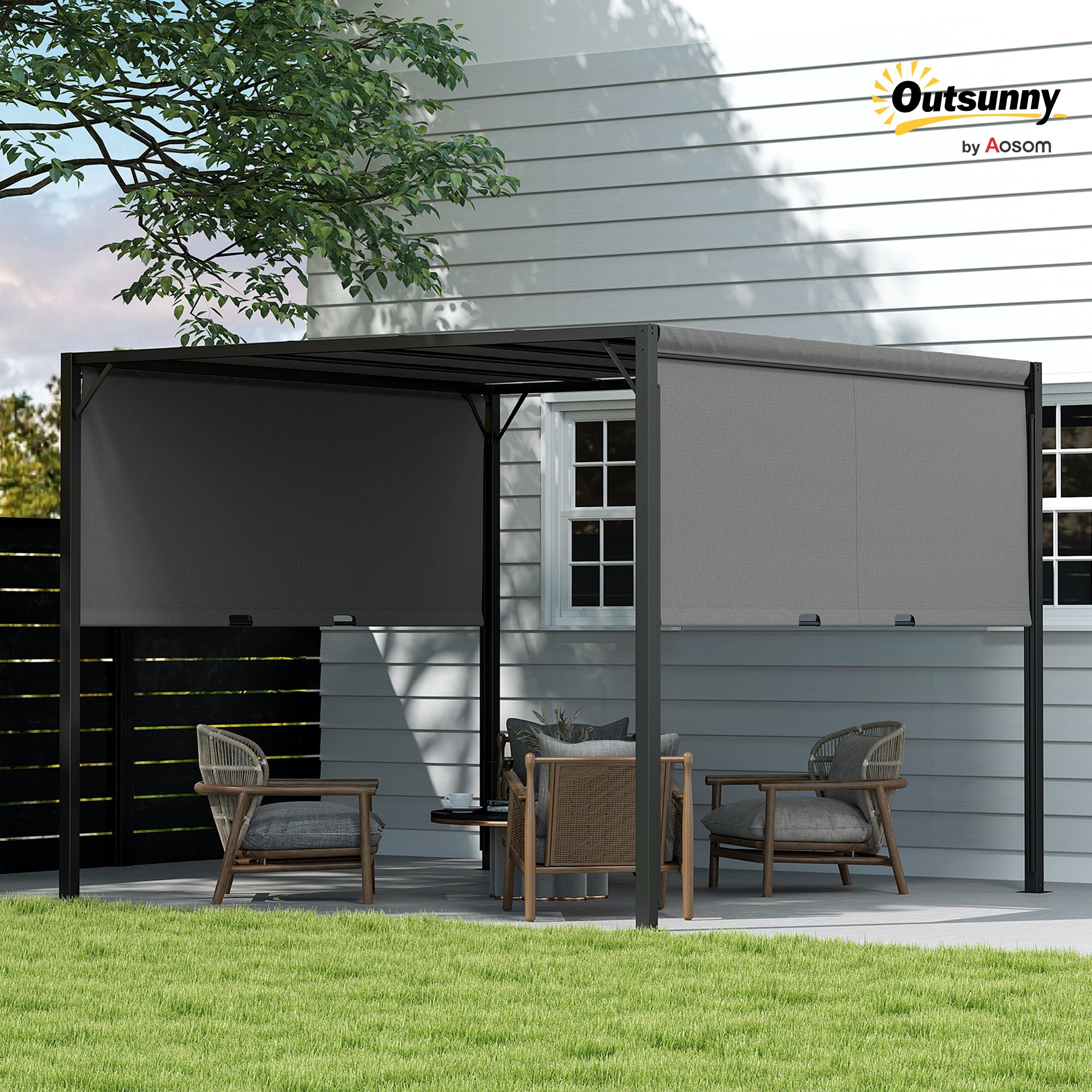 Outsunny 3 X 3 Meters Pergola with Retractable Roof, Garden Gazebo with Adjustable Sun Shade Canopy and Steel Frame, Charcoal Grey - North Peak Garden Furniture