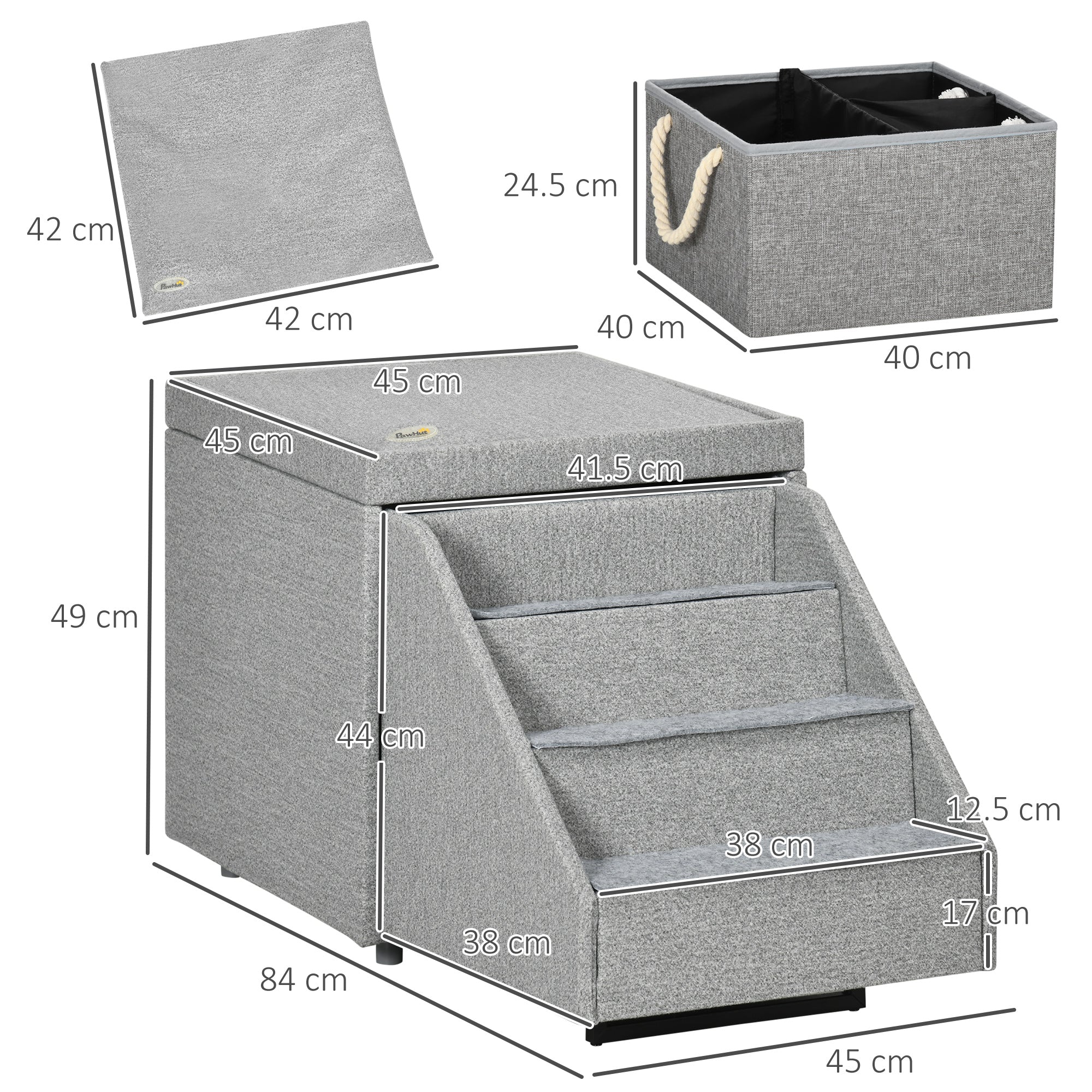 PawHut 2 in 1 Dog Steps Ottoman, Four-Tier Pet Stairs, for Small, Medium Dogs and Cats, with Storage Compartment - Grey