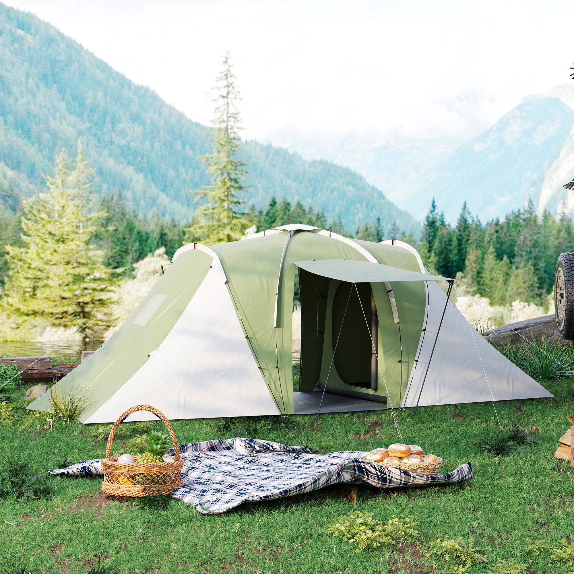 Outsunny Large Camping Tent Tunnel Tent with 2 Bedroom and Living Area, 2000mm Waterproof, Portable with Bag for 4-6 Man, Green - North Peak Garden Furniture