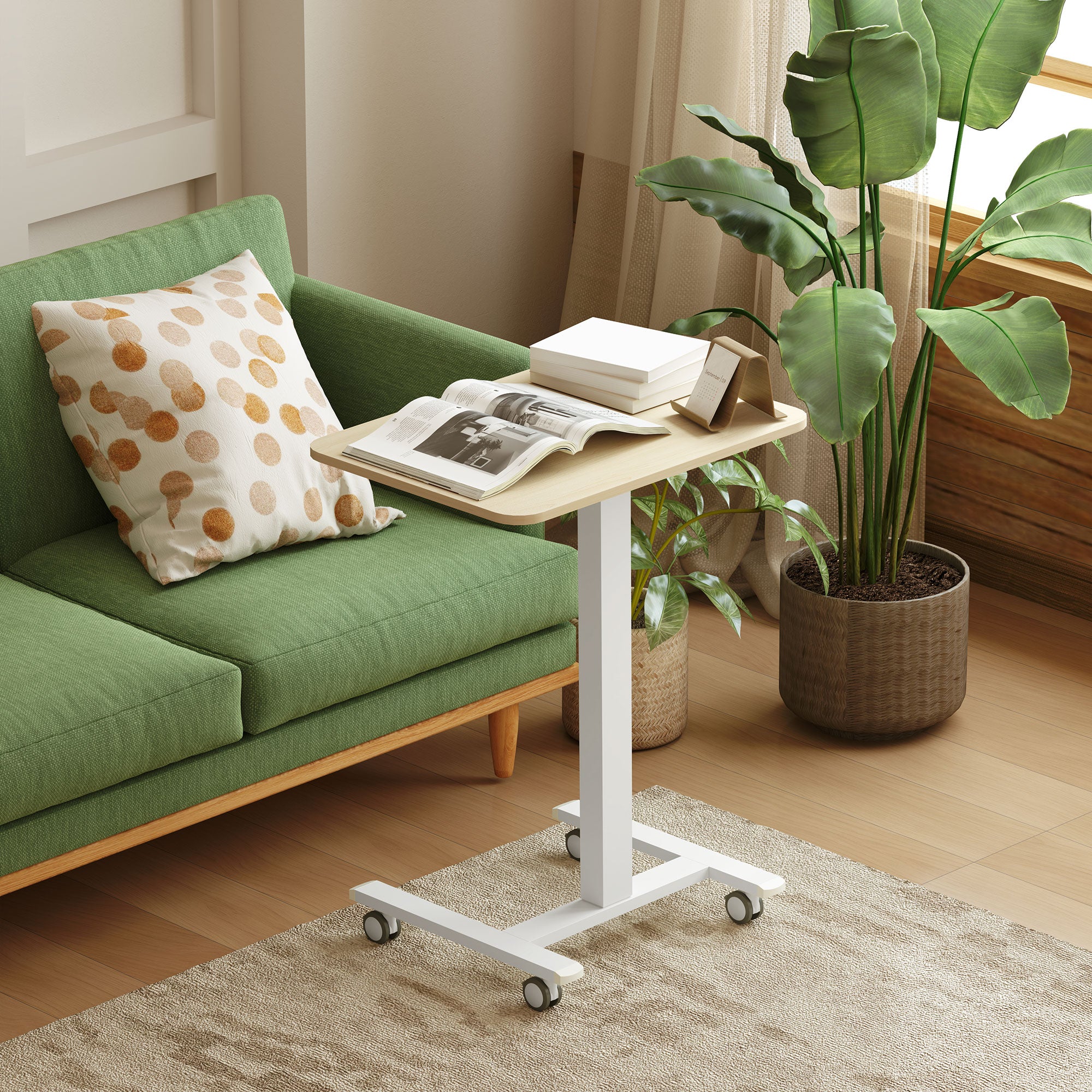 Vinsetto Movable Standing Desk, Height Adjustable Sit Stand Desk with Hand Crank, Stand Up Desk with 4 Rolling Wheels for Home Office, Natural Wood Finish - North Peak Garden Furniture