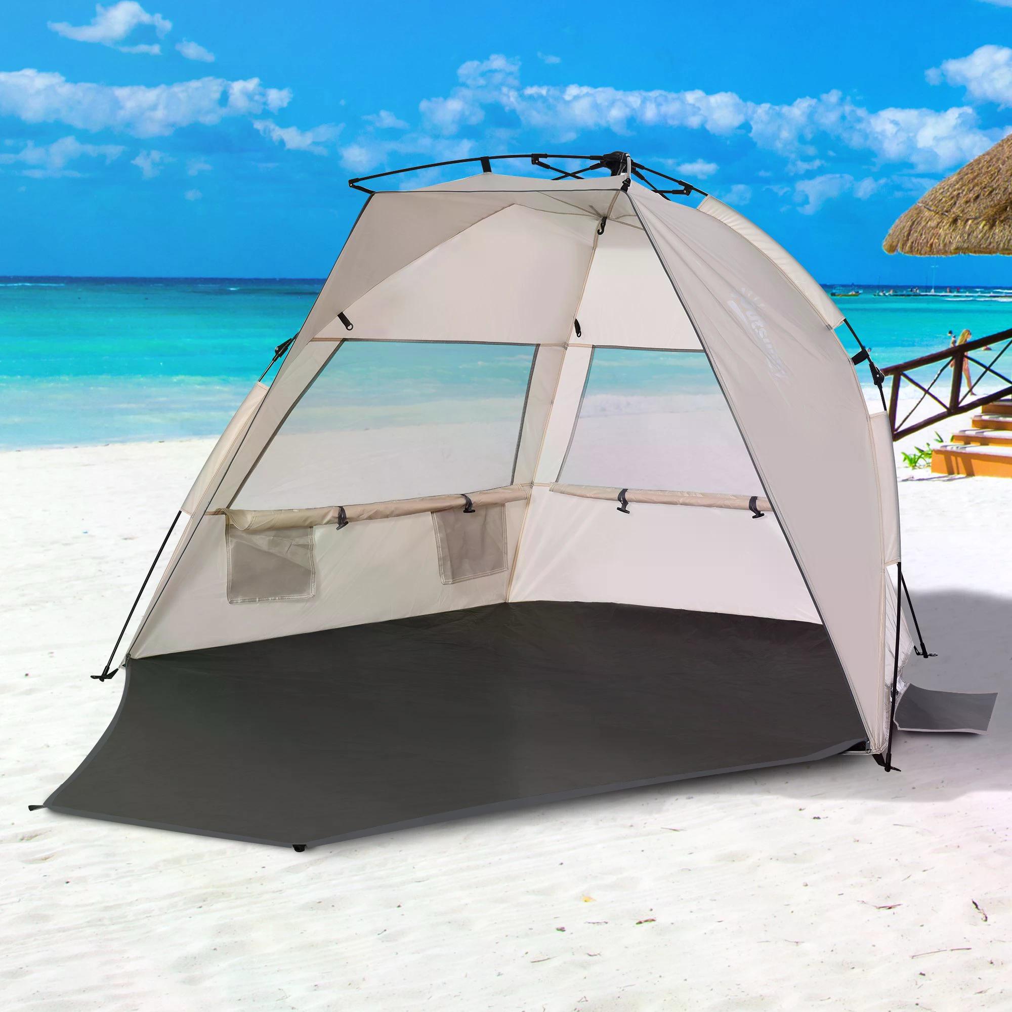 Outsunny 1-2 Man Pop-Up Beach Tent, Sun Shelter UV 20+ Protection w/ Long Floor Mesh Windows Sandbags Carry Bag Summer Hut House