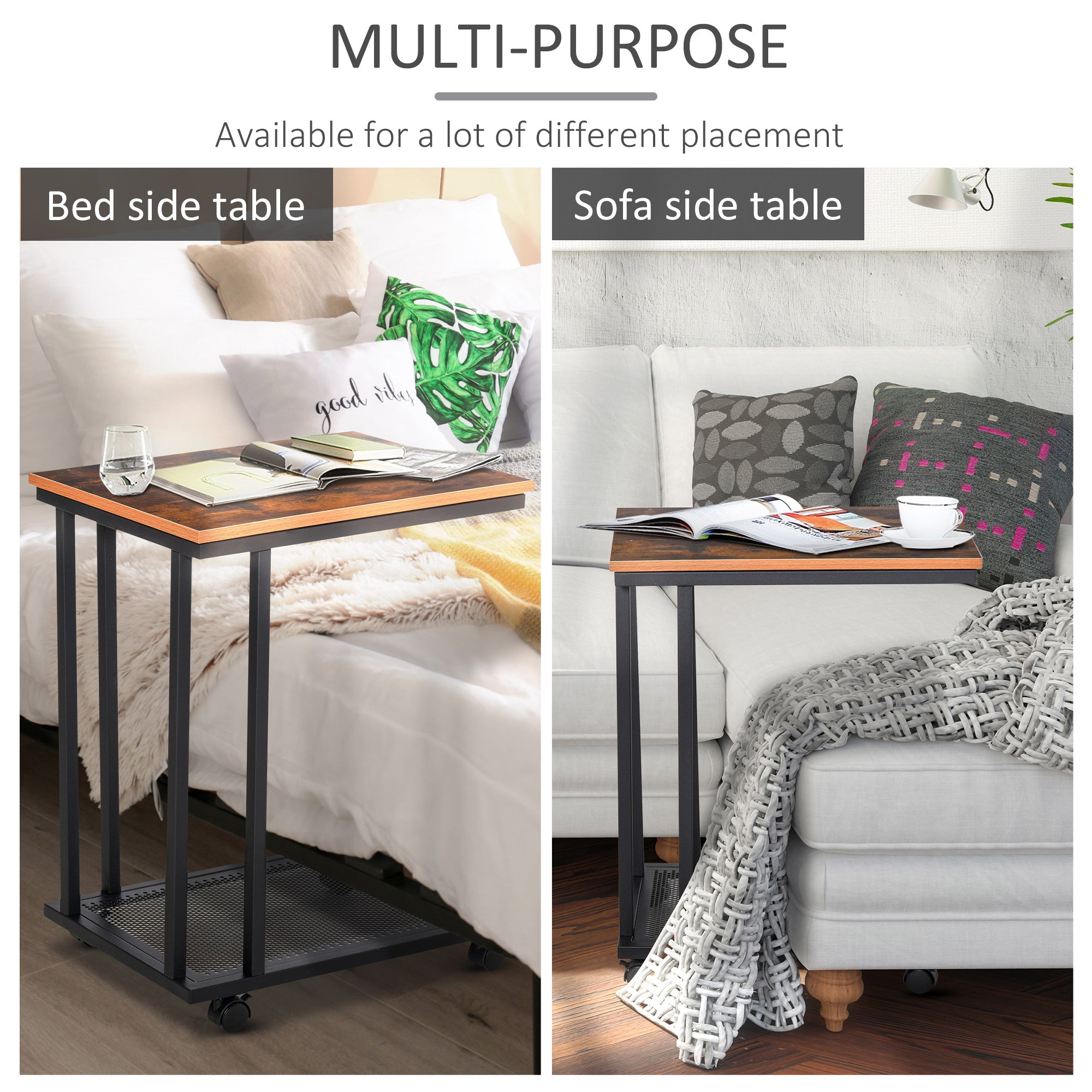 HOMCOM C Shaped Side Table Set of 2 with Wheels, Mobile End Table, Laptop Stand with Metal Frame and Storage Shelf, Rustic Brown