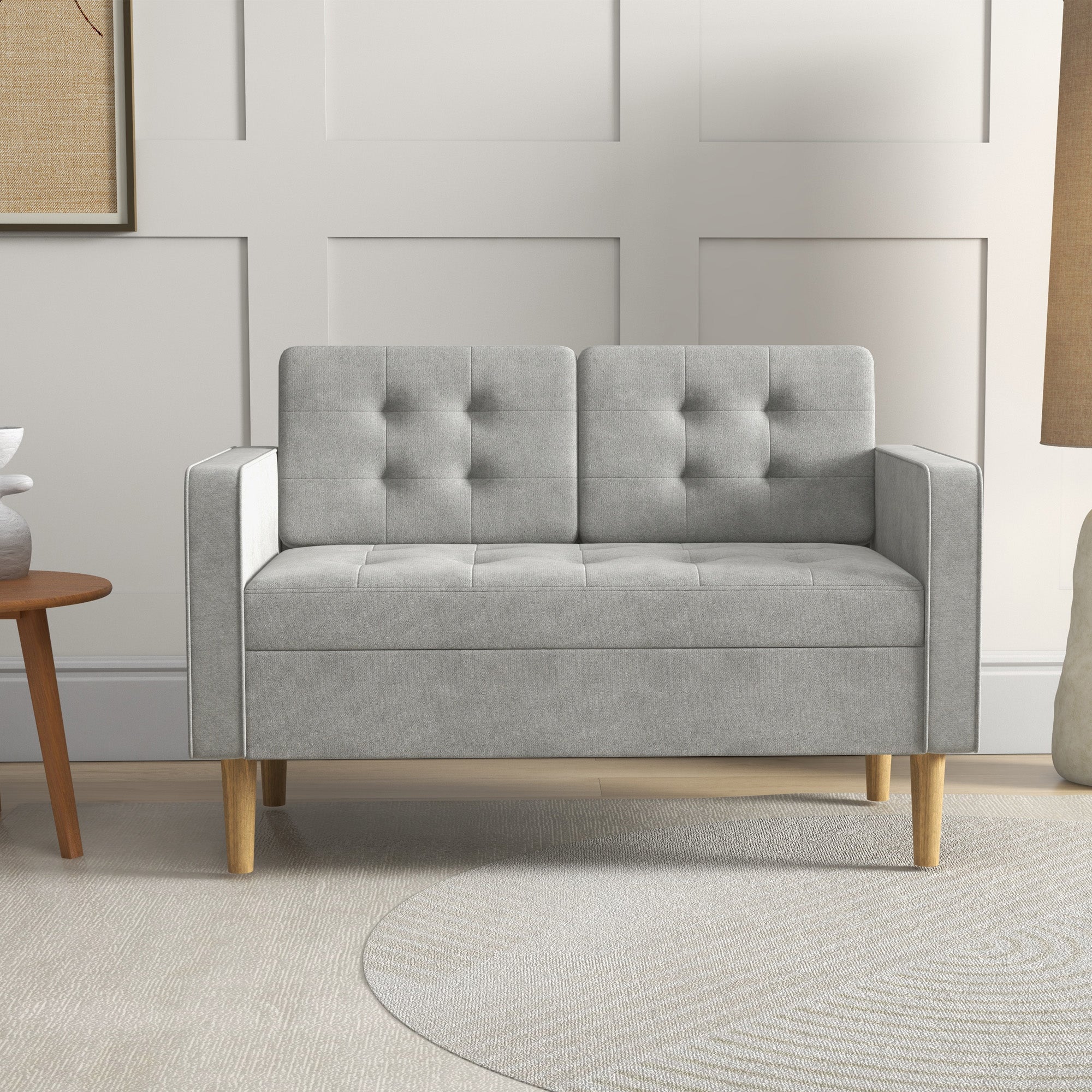 HOMCOM Modern 2 Seater Sofa with Hidden Storage, 117cm Tufted Cotton Couch with Wood Legs, Compact Loveseat for Living Room, Kitchen, Light Grey - North Peak Garden Furniture