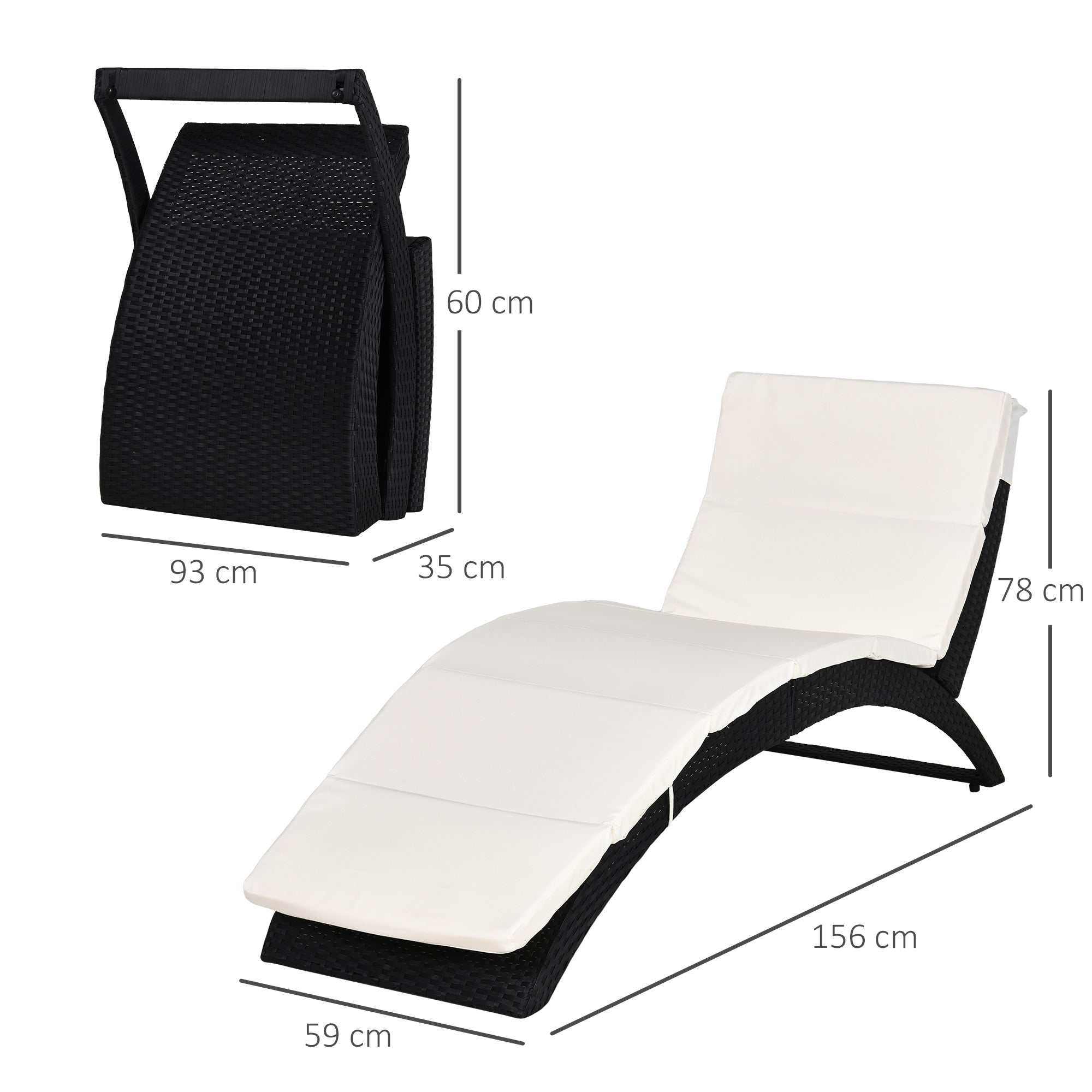 Outsunny Outdoor Foldable PE Rattan Sun Lounger with Soft Padded Cushion, Ergonomic Curved Design Sun Bed for Balcony, Garden, Black - North Peak Garden Furniture
