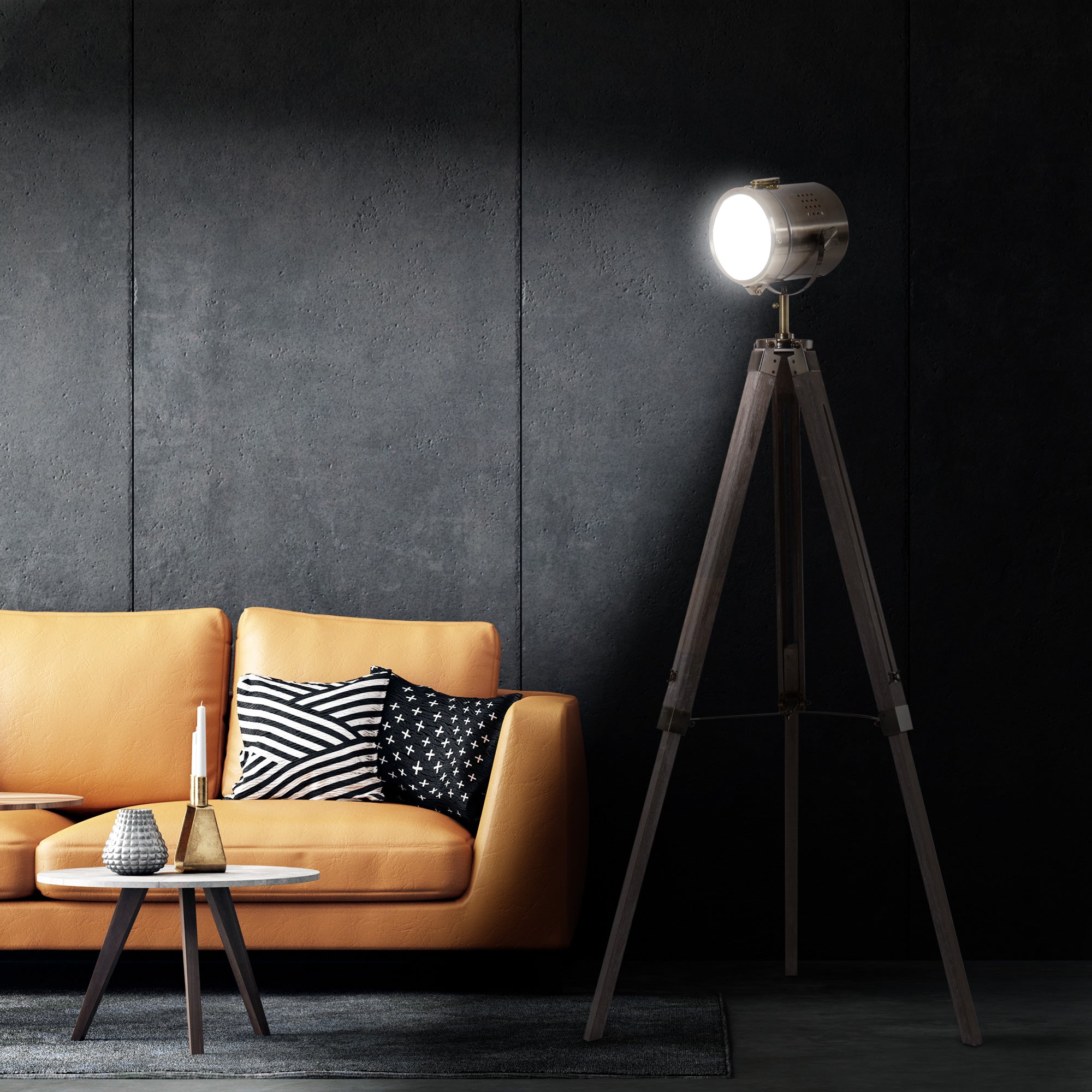 HOMCOM Industrial Tripod Floor Lamp, Nautical Searchlight with Adjustable Height, Wood Legs, E12 Lamp Base for Living Room, Bedroom, Grey and Bronze - North Peak Garden Furniture