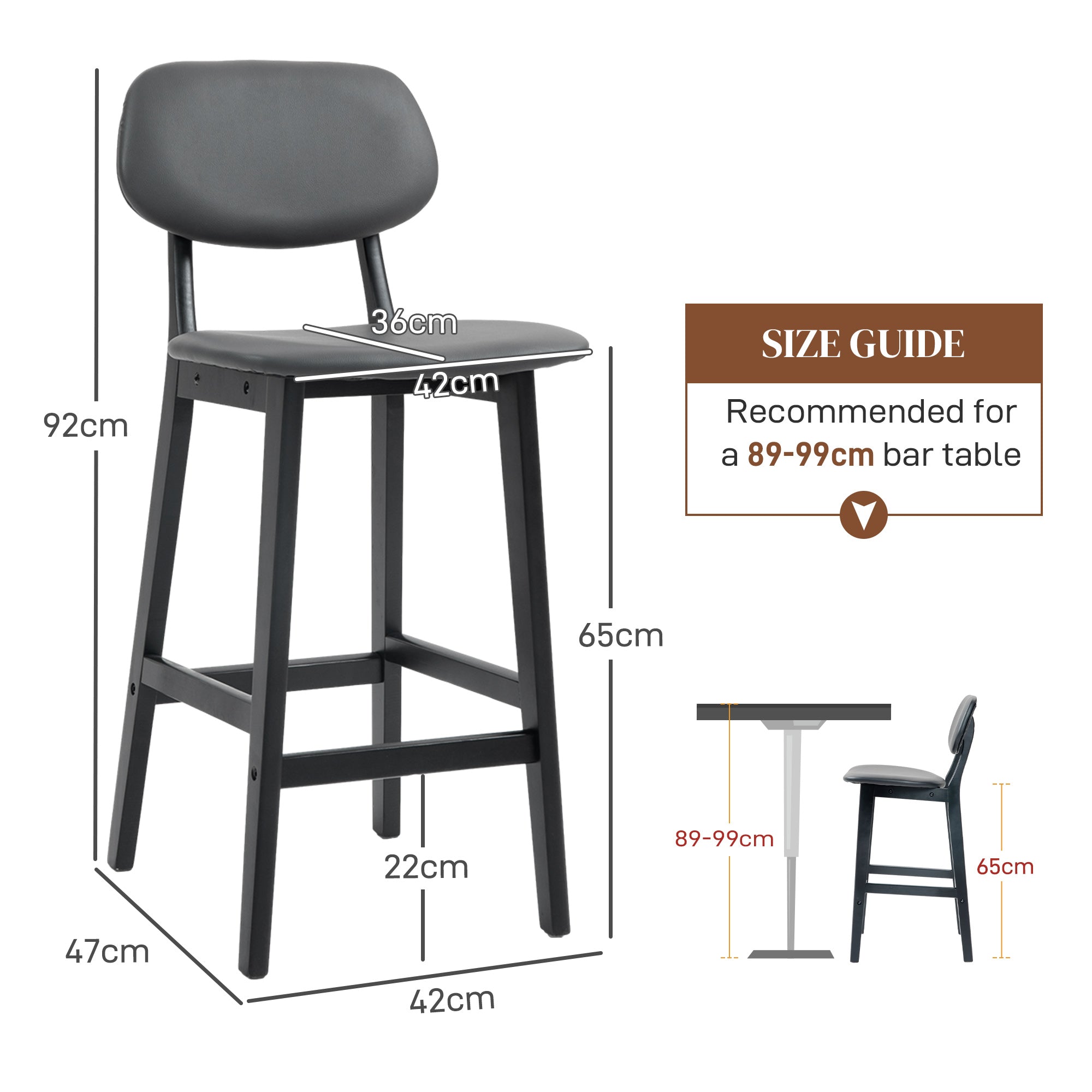 HOMCOM Bar Stools Set of 2, Contemporary Breakfast Bar Chairs, Faux Leather Upholstered Kitchen Stools with Backs and Solid Wood Legs, Dark Grey - North Peak Garden Furniture