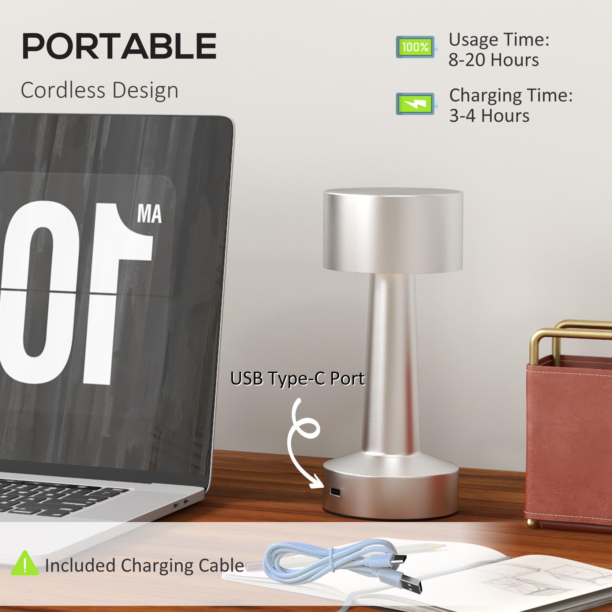 HOMCOM Cordless Table Lamp, Touch LED Desk Lamp with Rechargeable Battery, 3 Colour, for Bedroom Living Room, Silver - North Peak Garden Furniture