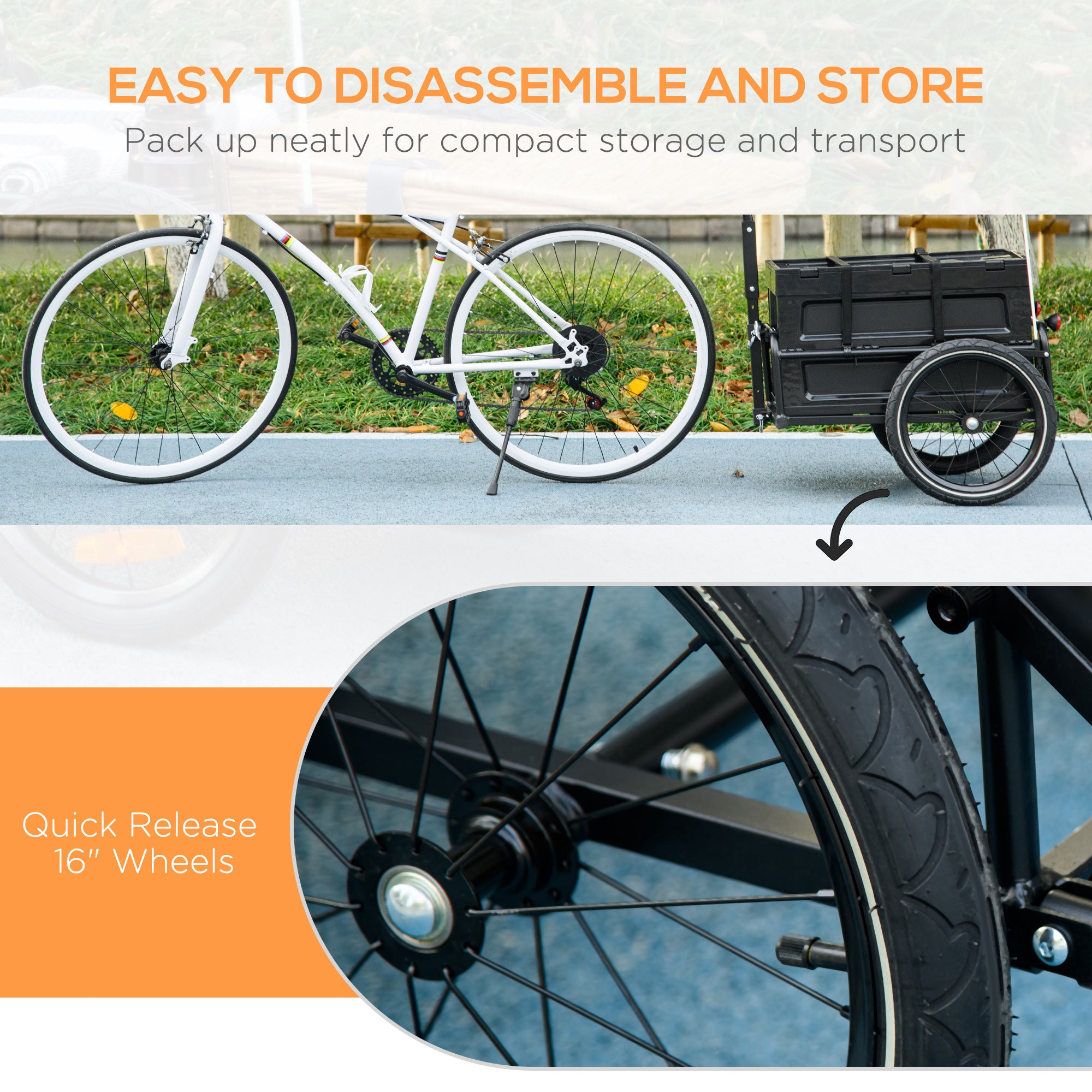 HOMCOM Steel Trailer for Bike, Bicycle Cargo Trailer with 65L Foldable Storage Box and Safe Reflectors, Max Load 40KG, Black - North Peak Garden Furniture