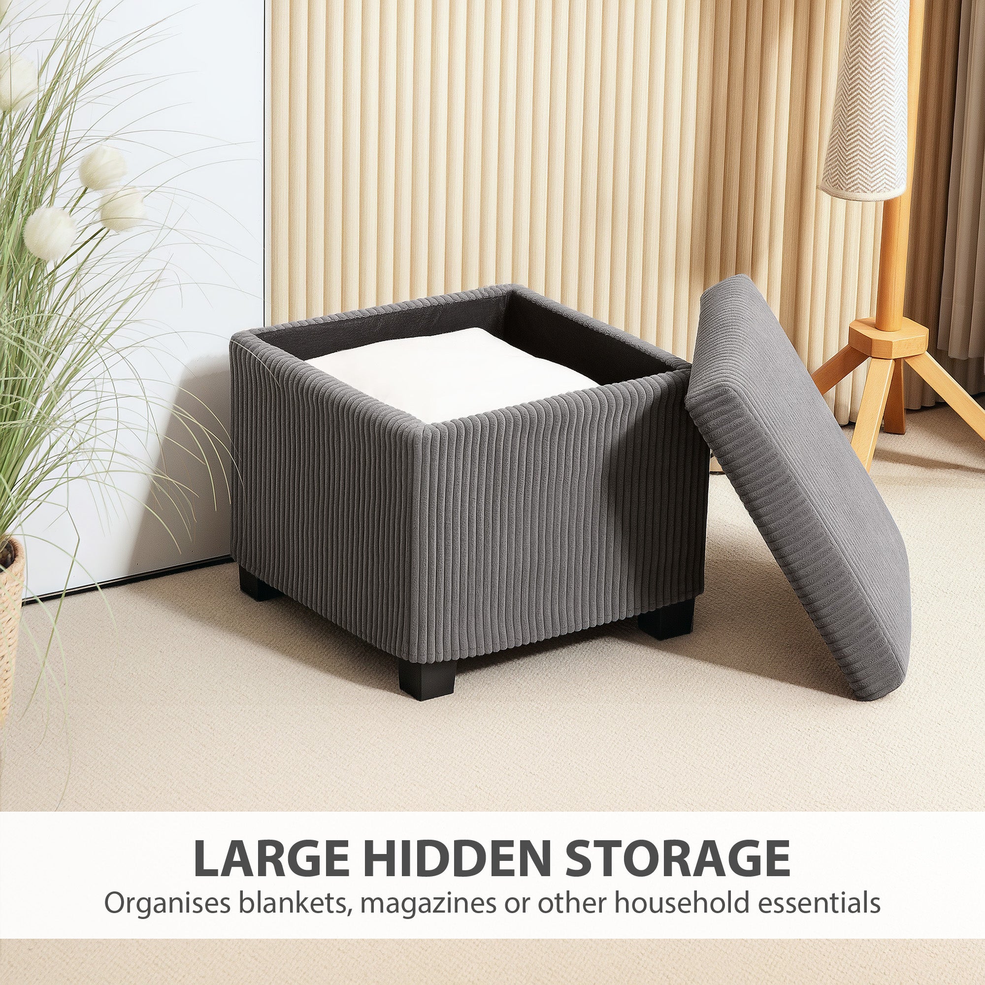 HOMCOM Storage Ottoman Bench, Corduroy Footstool with Removable Lid and Legs, 40cm Storage Chest Box for Living Room, Bedroom, Hallway, Grey - North Peak Garden Furniture