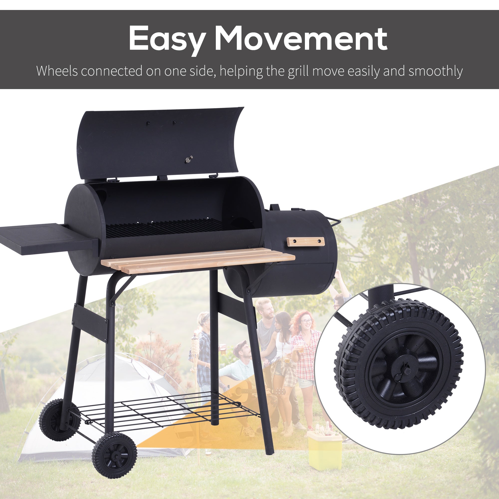 Outsunny Charcoal Barbecue Grill Garden Portable BBQ  Trolley w/ Offset Smoker Combo, Handy Shelves and On-lid Thermometer