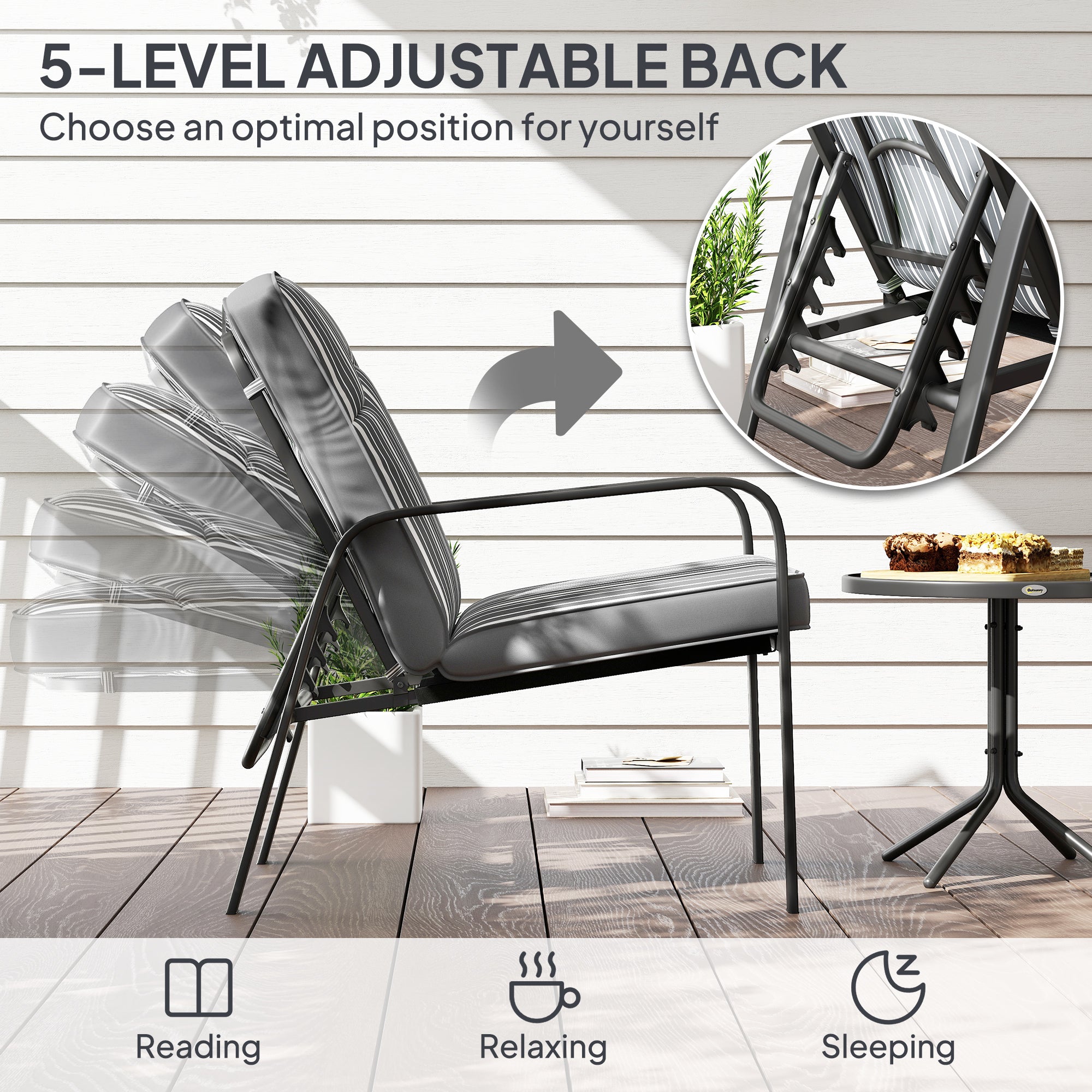 Outsunny 3-Piece Patio Bistro Set, 5-Position Adjustable Recliner Garden Chairs and Tempered Glass Table, Garden Furniture Set with Cushions, High Back, Armrests, Metal Frame for Balcony Patio, Grey - North Peak Garden Furniture