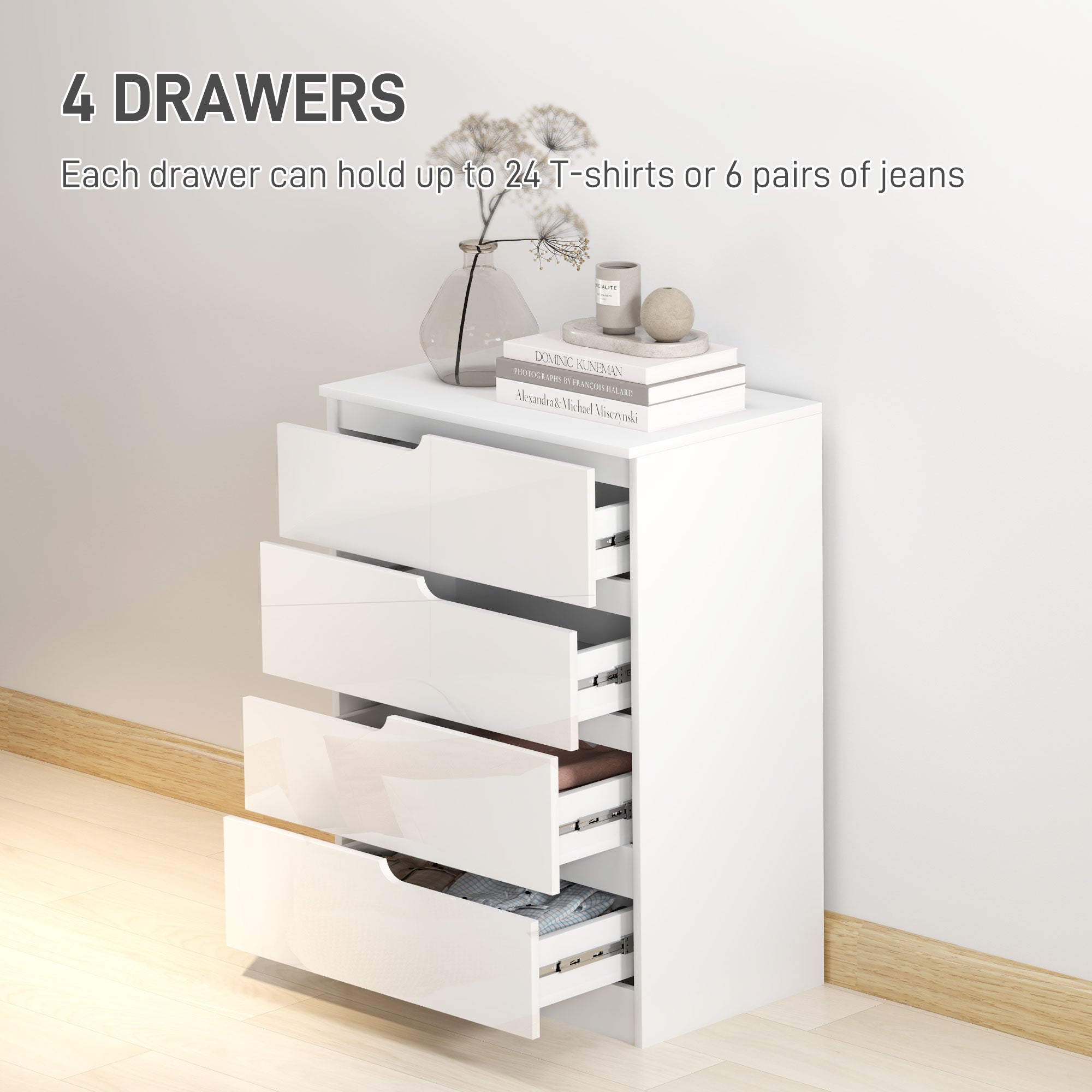 HOMCOM 4 Drawer Chest of Drawers, Modern Dresser for Bedroom, Living Room, 60 x 40 x 85cm, White - North Peak Garden Furniture